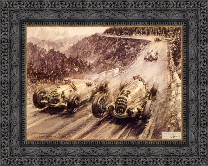 Rosemeyer &amp; Caracciola During ’37 Eifel Grand Prix – F. Gordon Crosby, 1937