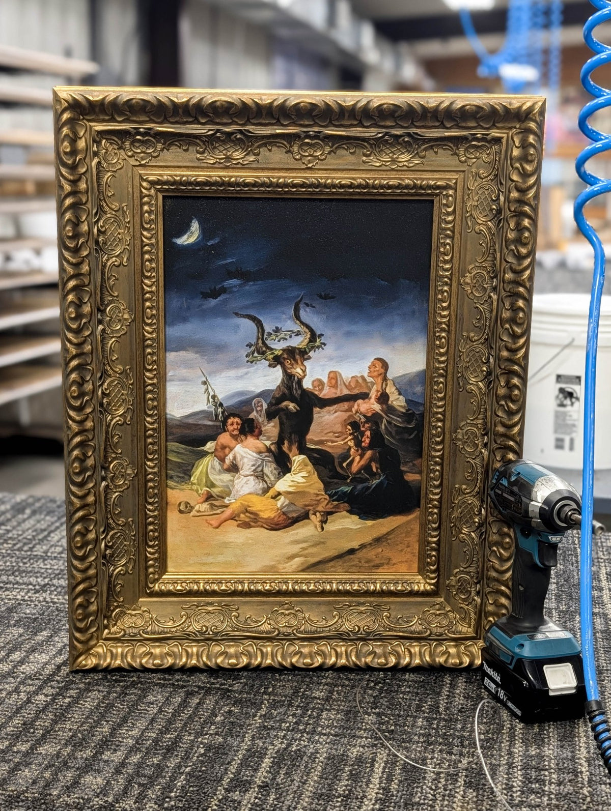 Witches' Sabbath – Francisco Goya, 1820–1823, Small Classic Gold frame, photographed on our worktable