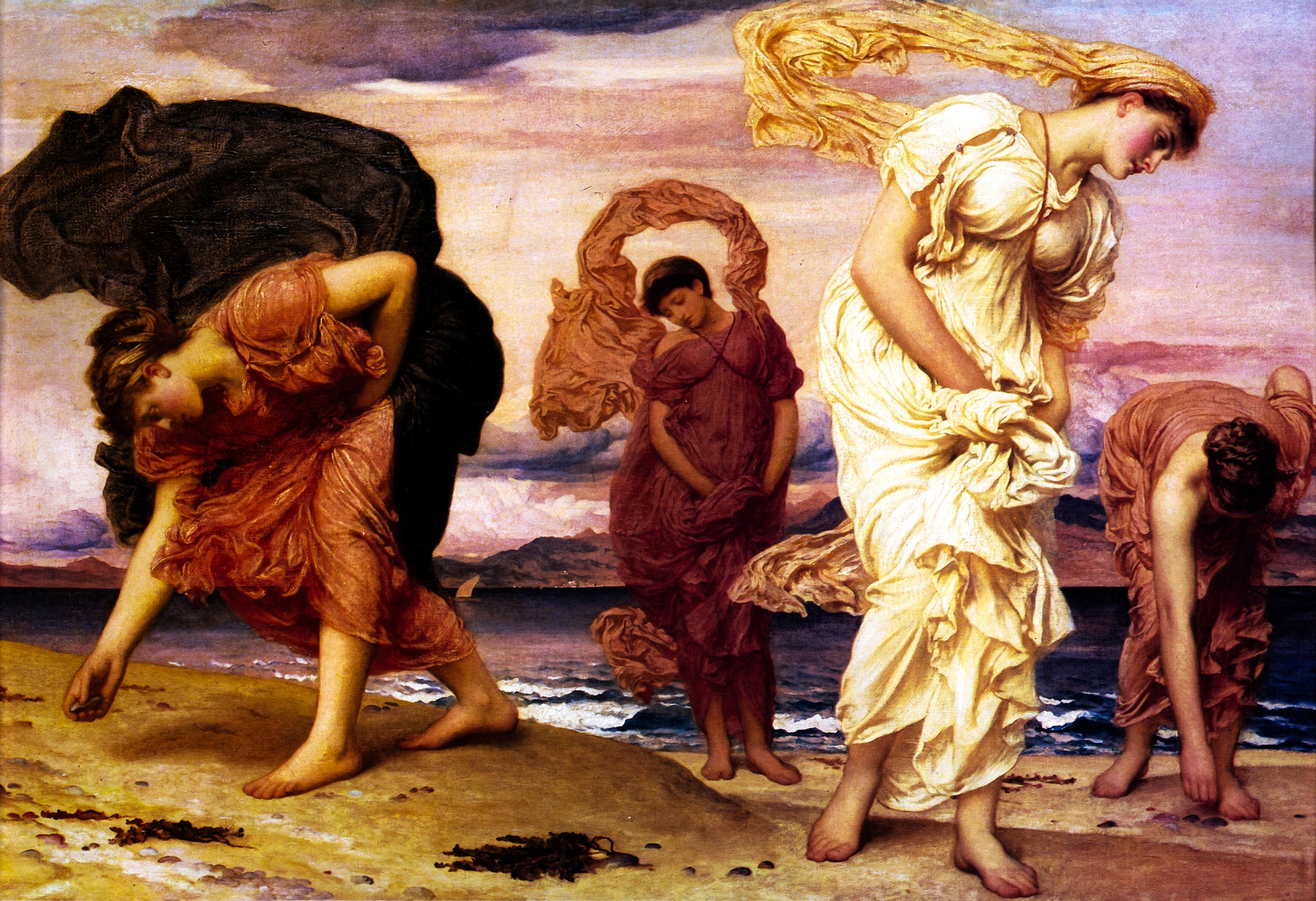 Greek Girls Picking Up Pebbles by the Sea