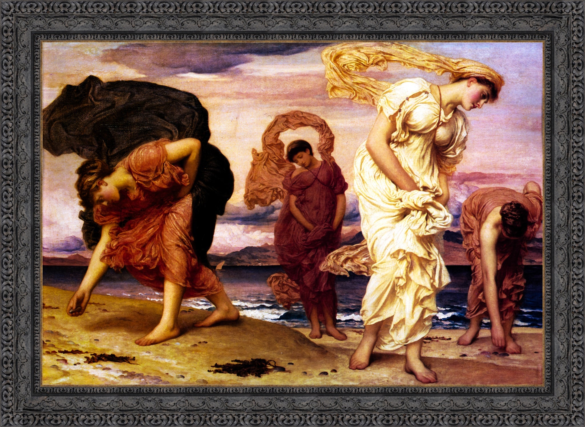 Greek Girls Picking Up Pebbles by the Sea