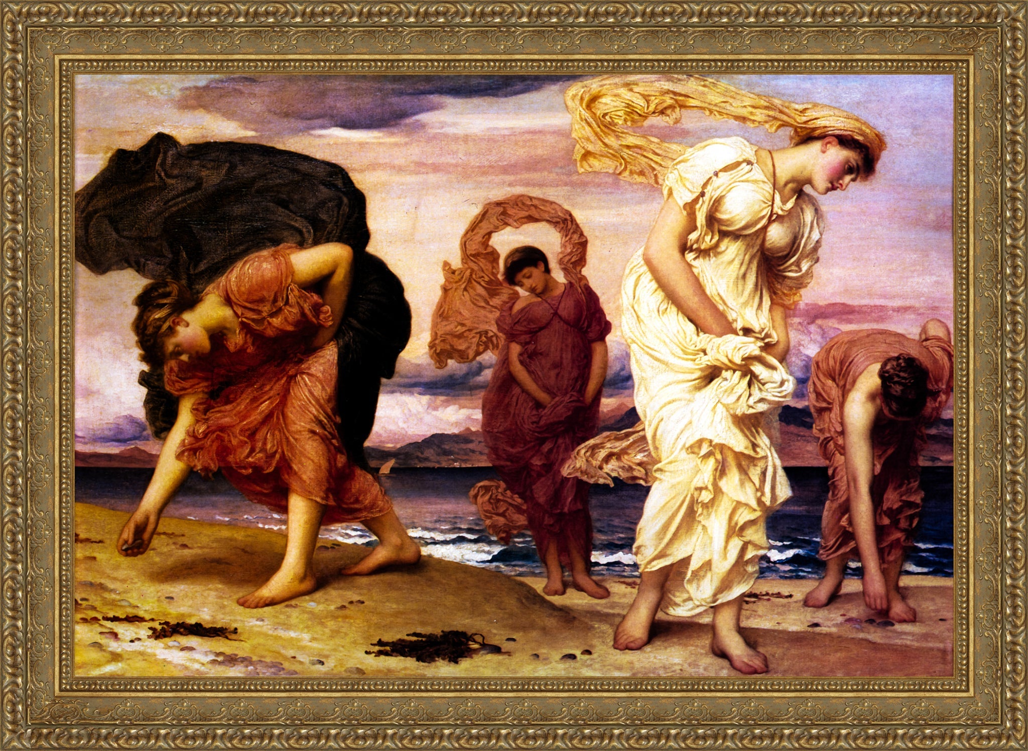 Greek Girls Picking Up Pebbles by the Sea