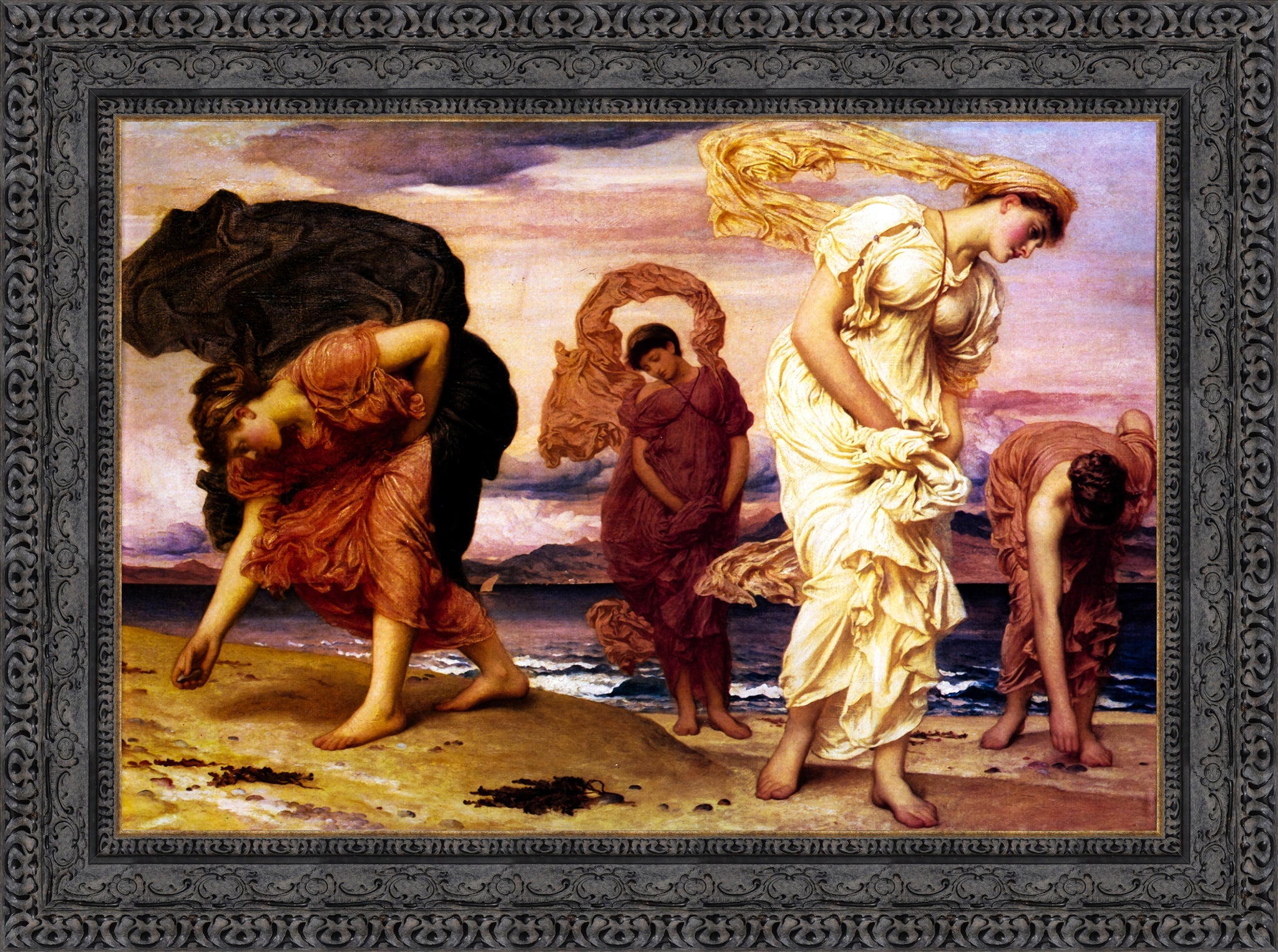 Greek Girls Picking Up Pebbles by the Sea