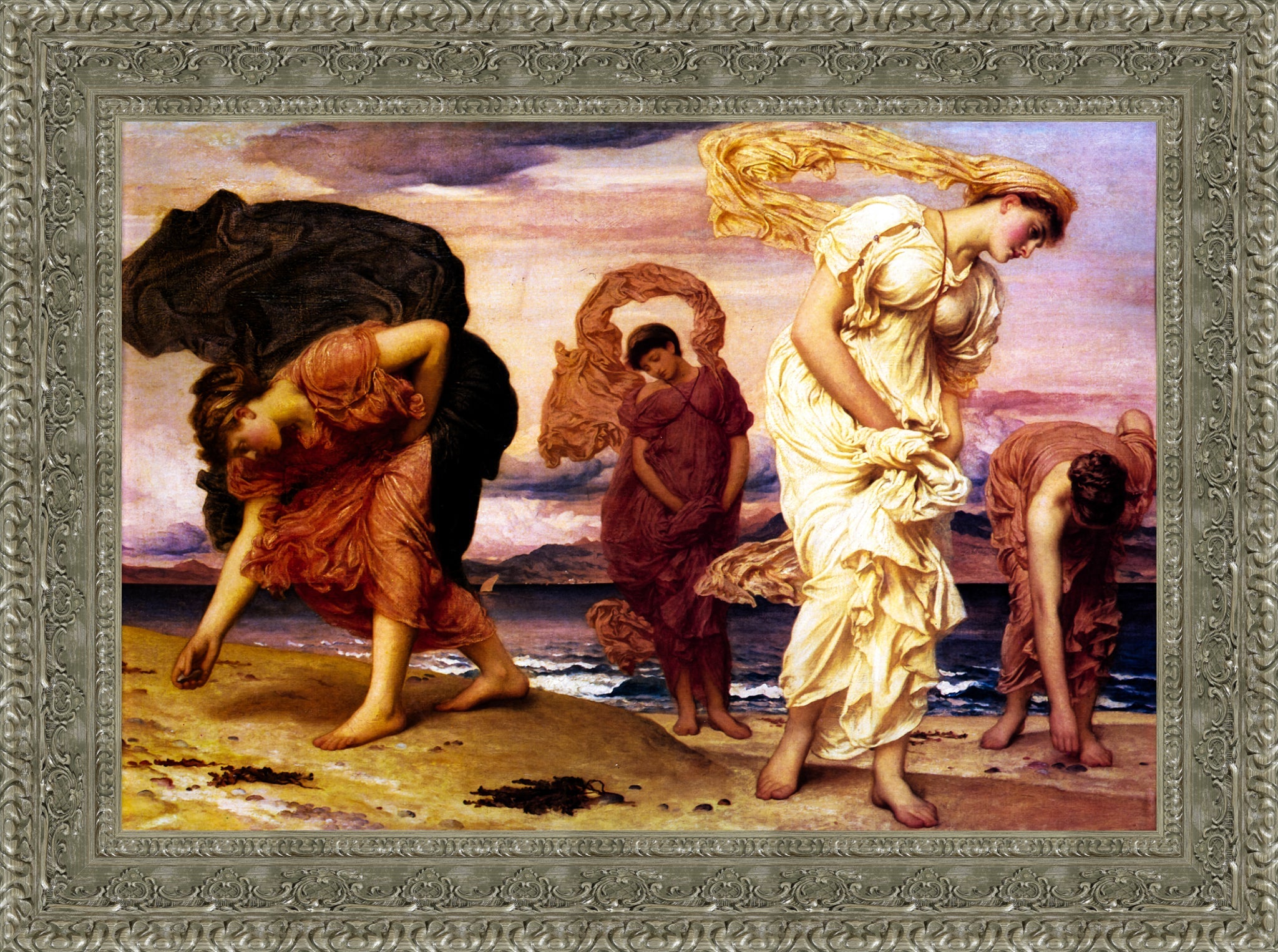 Greek Girls Picking Up Pebbles by the Sea