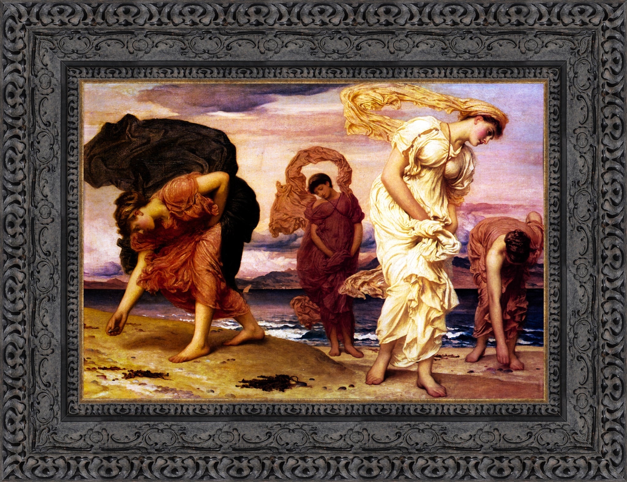 Greek Girls Picking Up Pebbles by the Sea