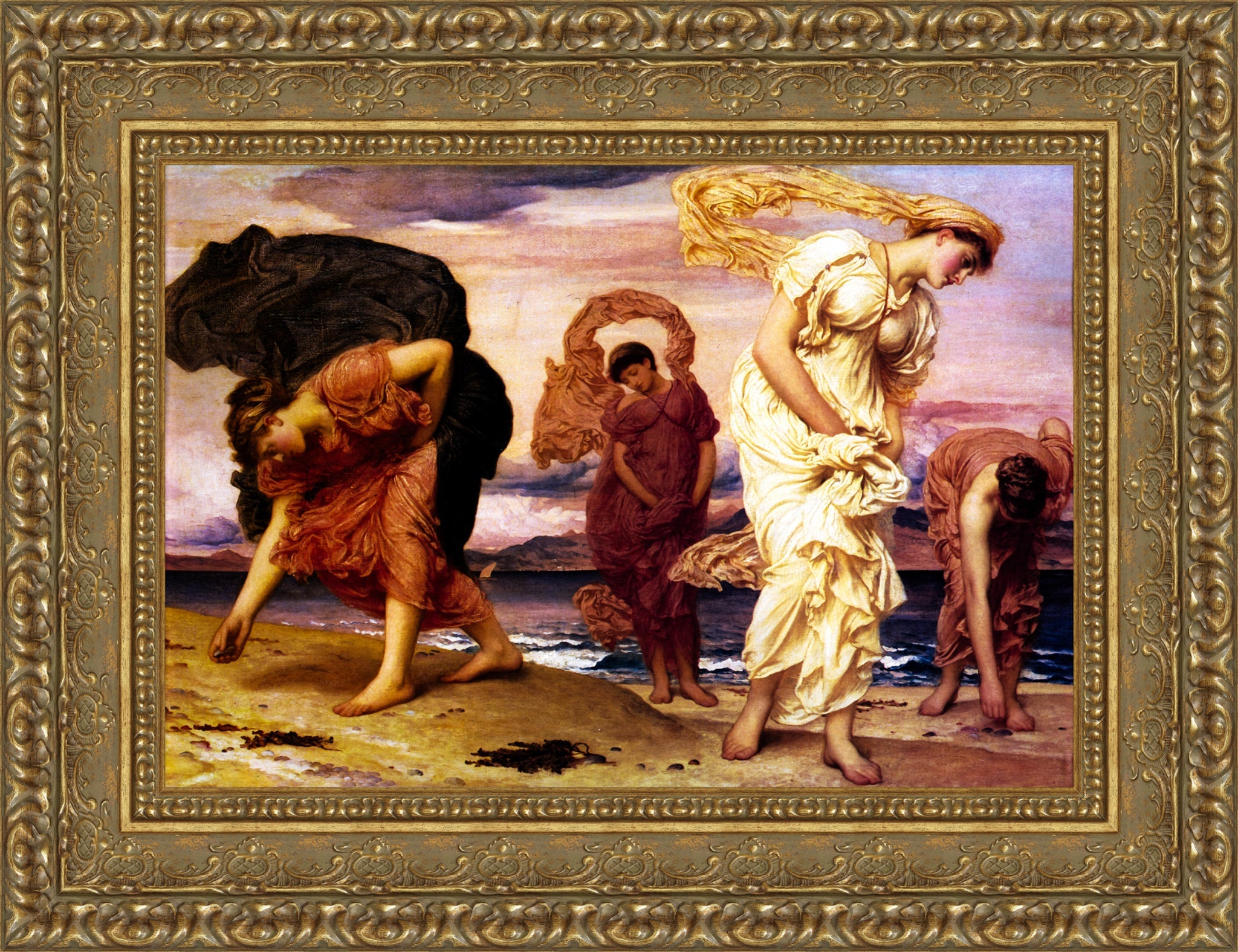 Greek Girls Picking Up Pebbles by the Sea