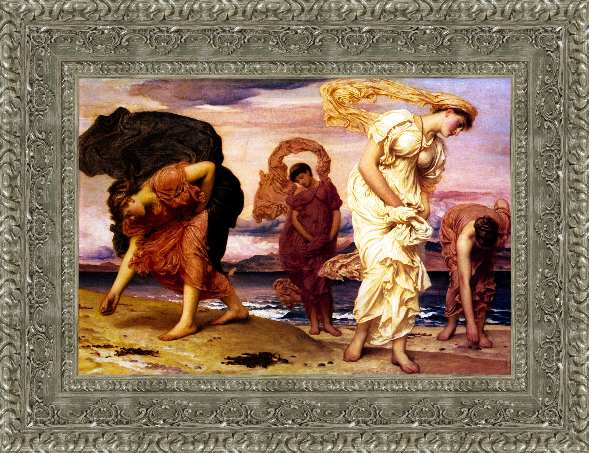 Greek Girls Picking Up Pebbles by the Sea