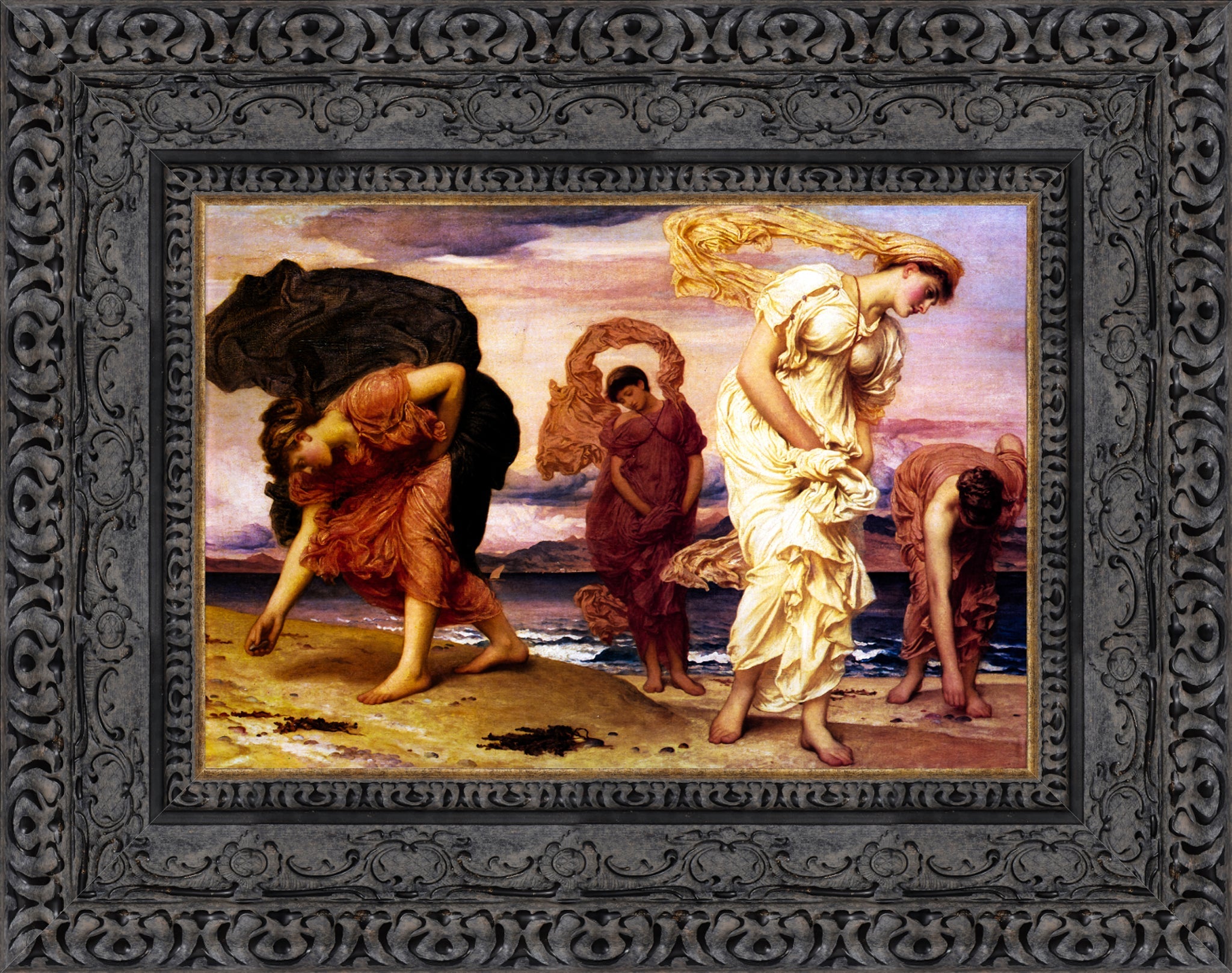 Greek Girls Picking Up Pebbles by the Sea