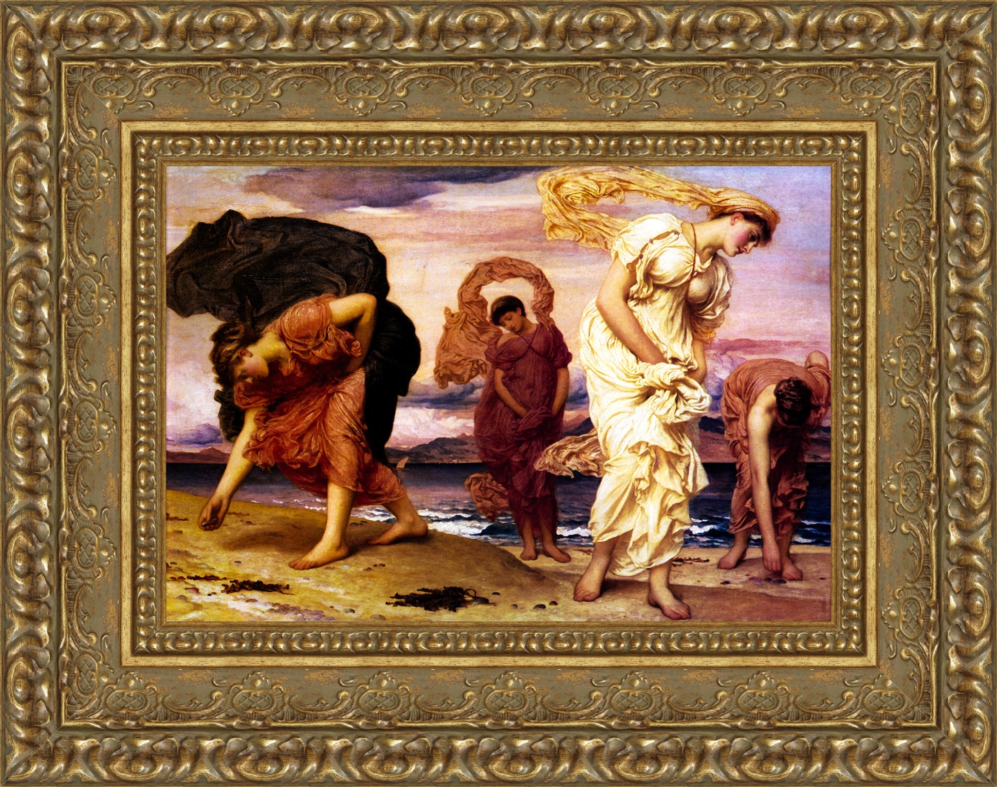 Greek Girls Picking Up Pebbles by the Sea