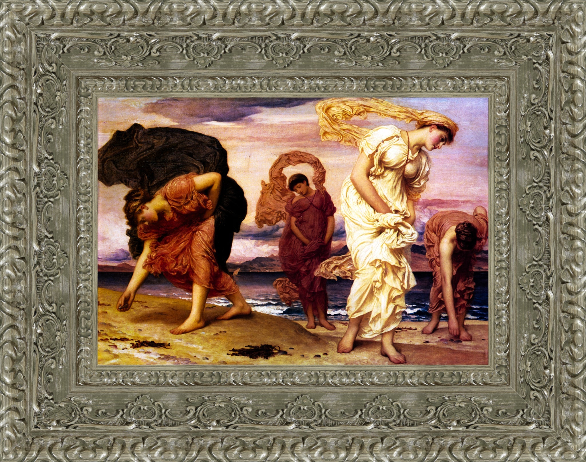 Greek Girls Picking Up Pebbles by the Sea