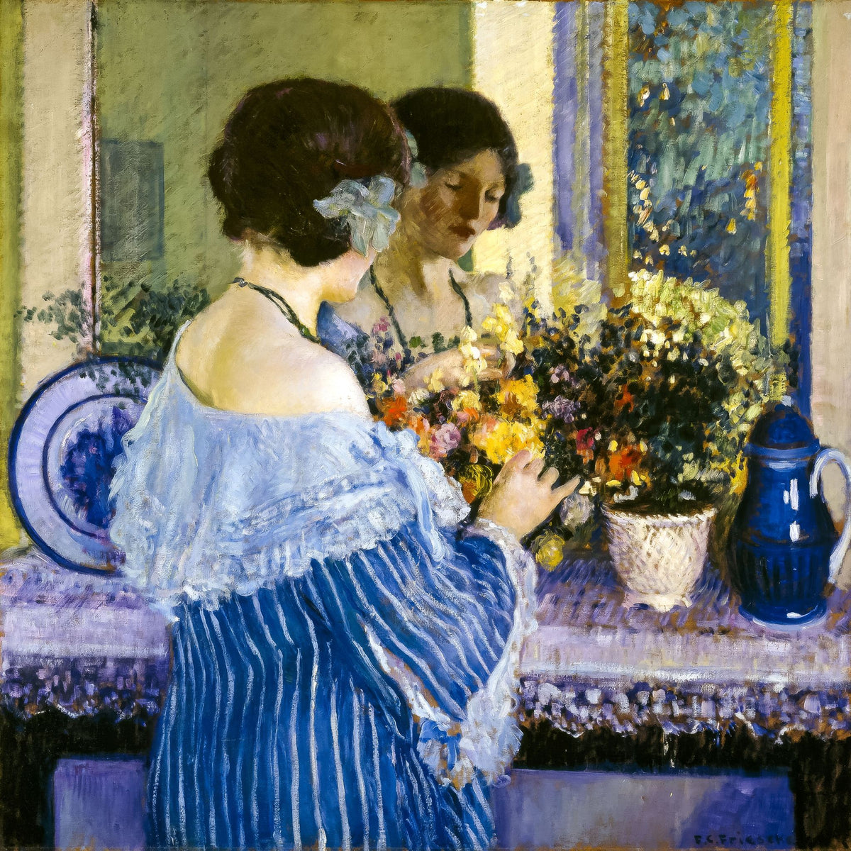 Girl In Blue Arranging Flowers – Frederick Carl Frieseke, 1915, framed