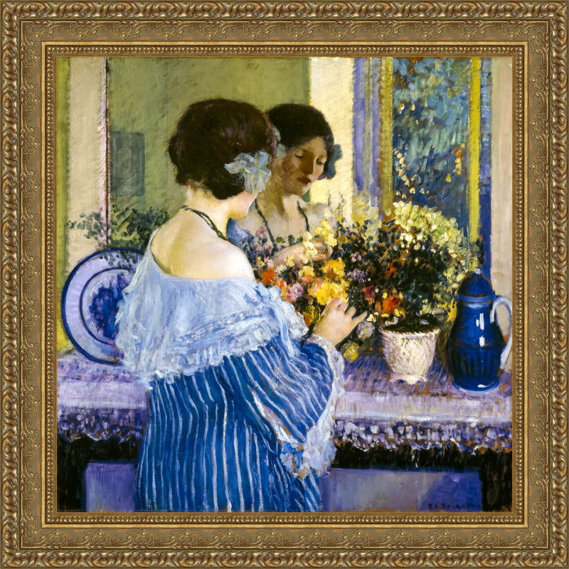 Girl In Blue Arranging Flowers – Frederick Carl Frieseke, 1915