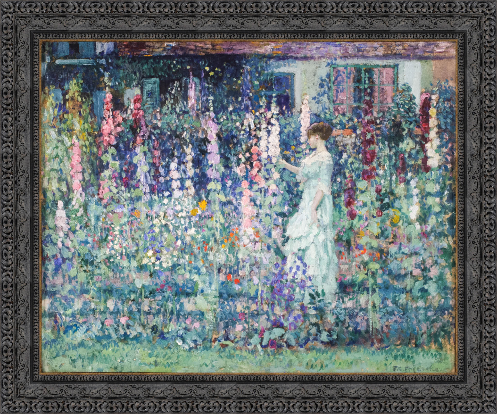 Hollyhocks – Frederick Carl Frieseke, c. 1912 – Estate Dark Bronze Framed Canvas