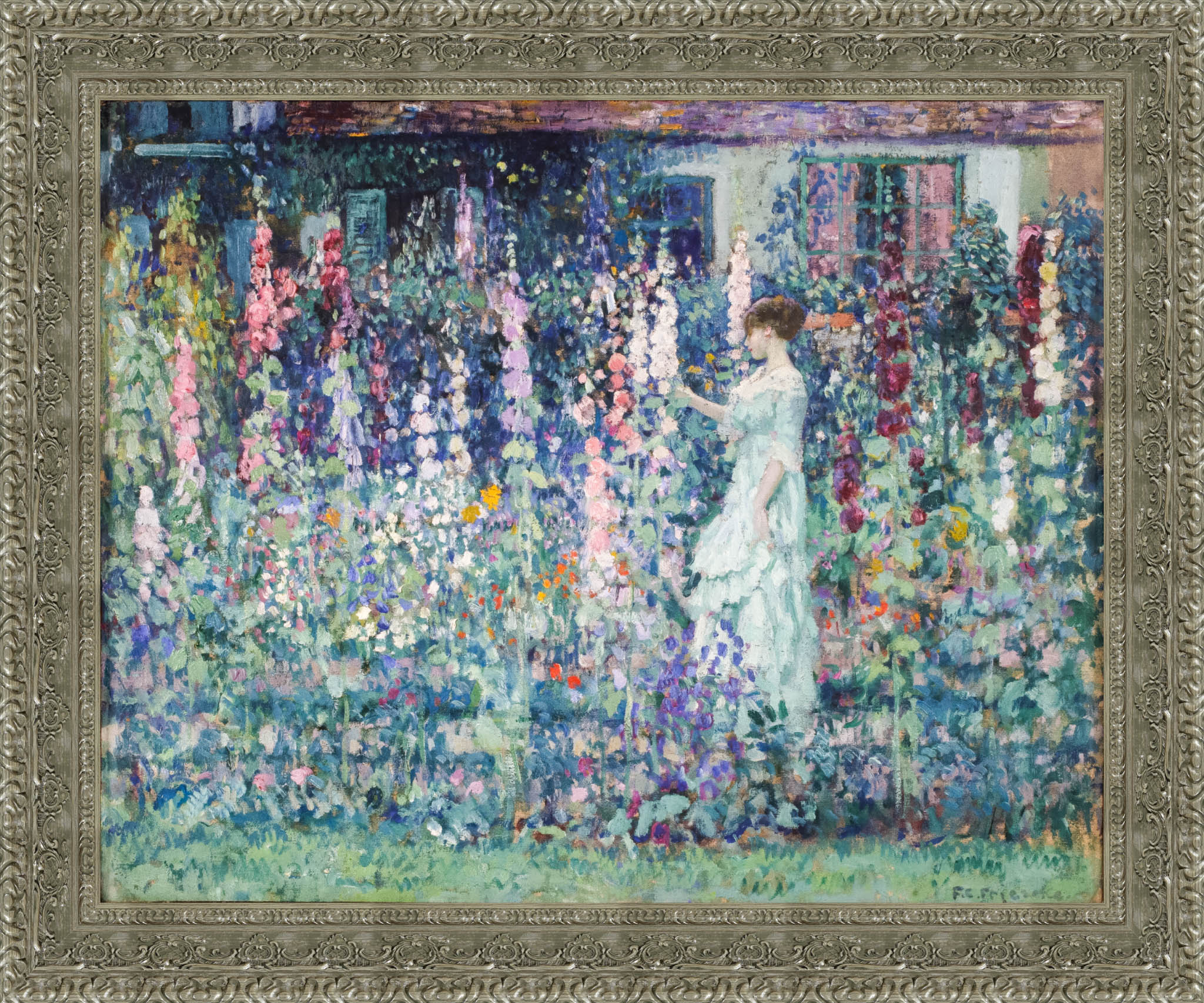 Hollyhocks – Frederick Carl Frieseke, c. 1912 – Estate Silver Framed Canvas