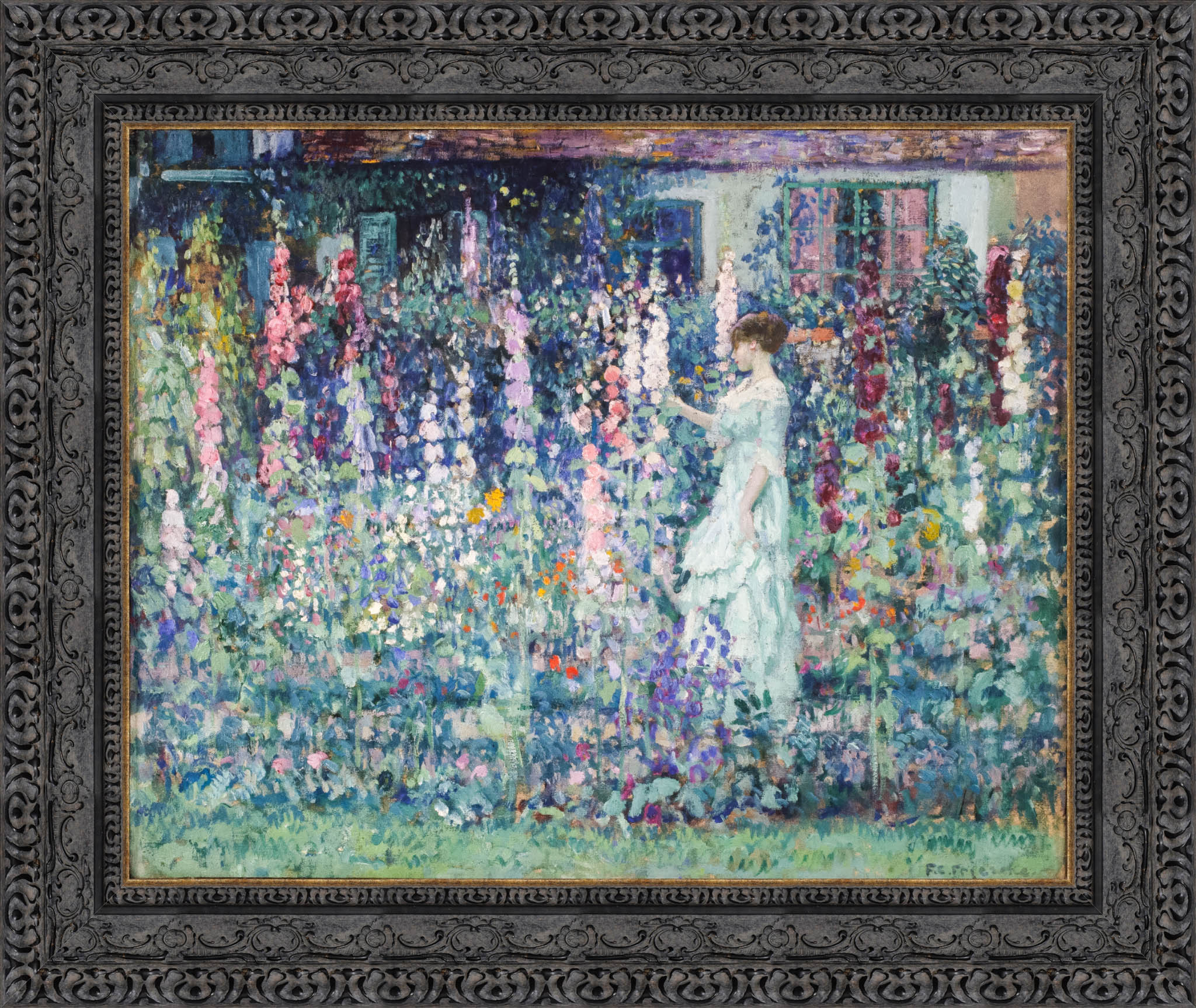 Hollyhocks – Frederick Carl Frieseke, c. 1912 – Large Dark Bronze Framed Canvas