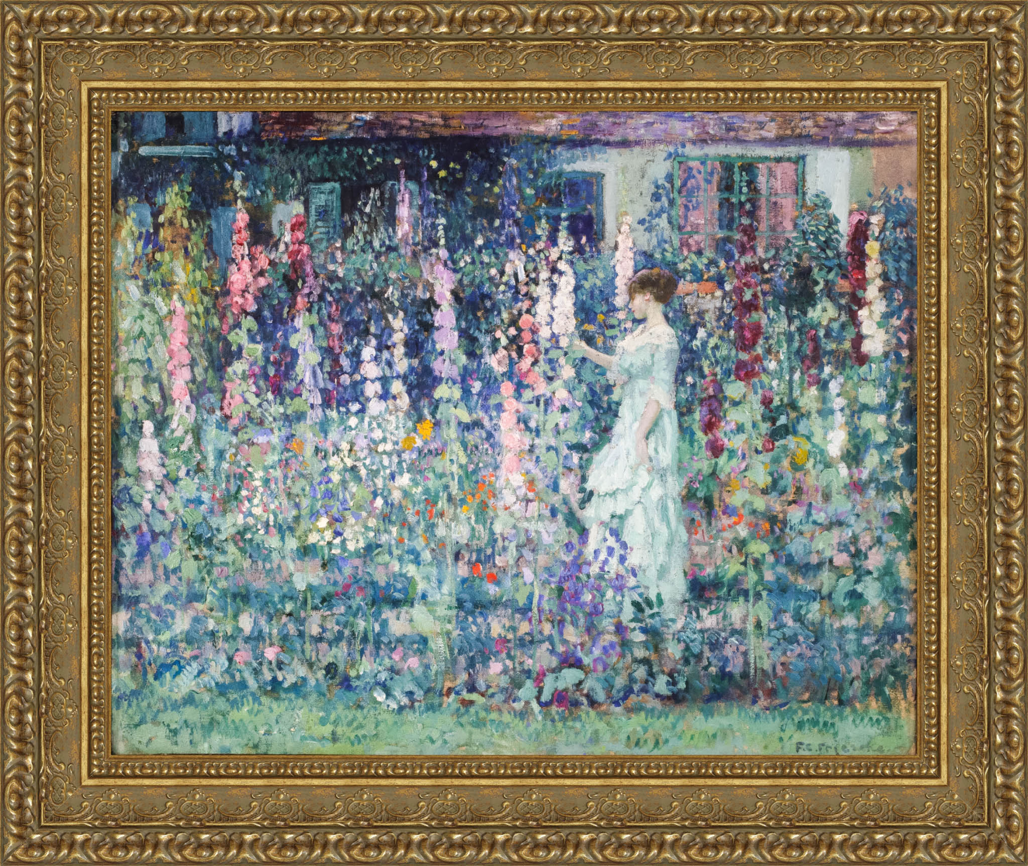 Hollyhocks – Frederick Carl Frieseke, c. 1912 – Large Gold Framed Canvas
