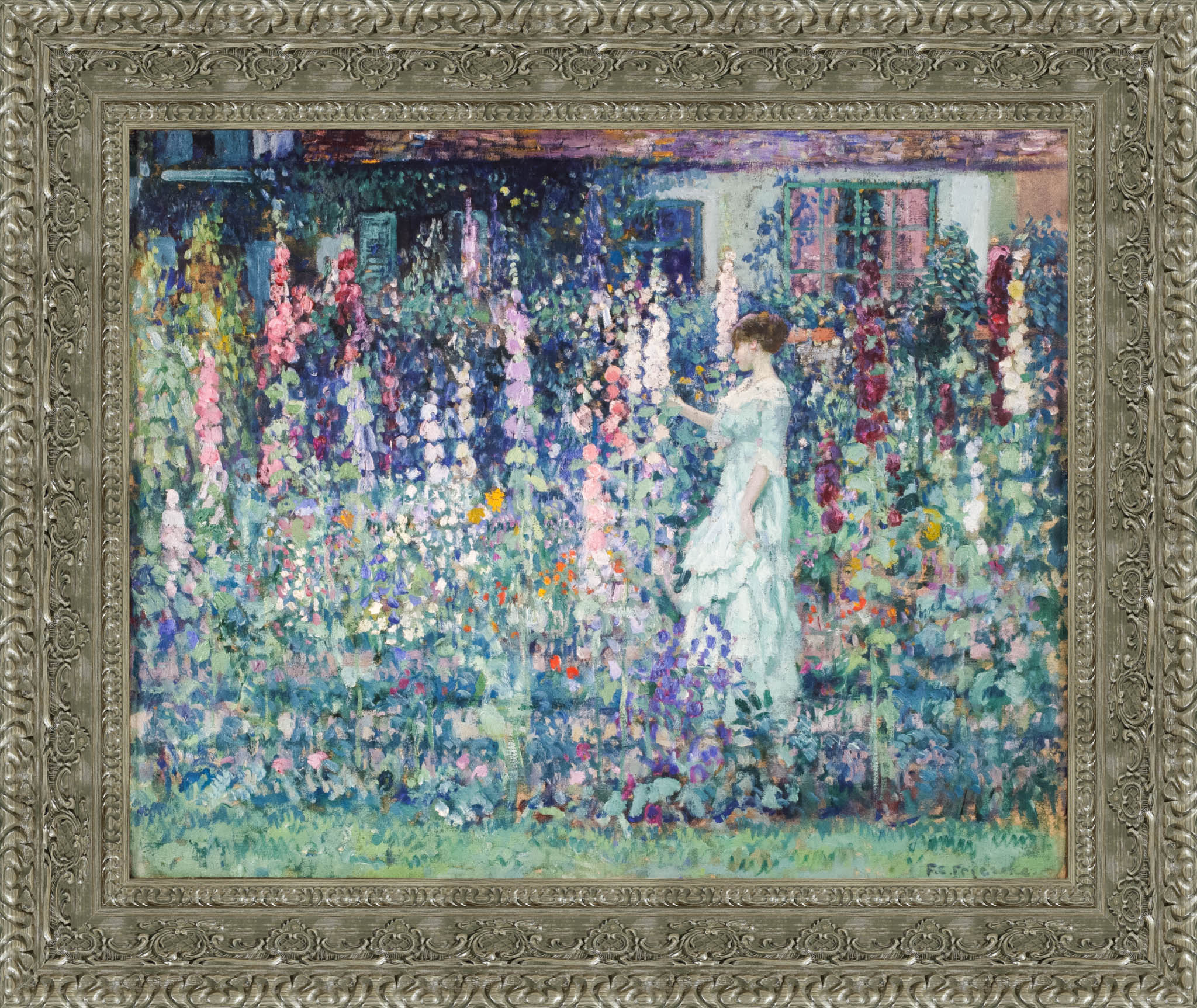 Hollyhocks – Frederick Carl Frieseke, c. 1912 – Large Silver Framed Canvas