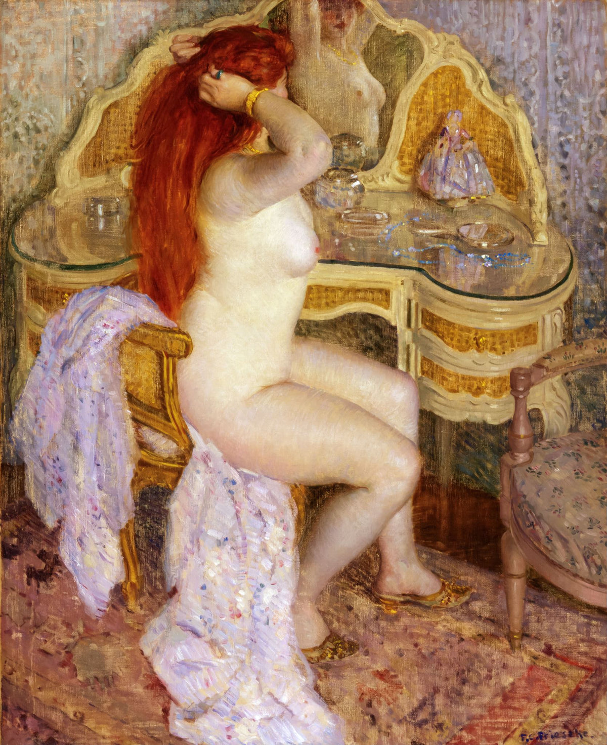 Nude Seated At Her Dressing Table – Frederick Carl Frieseke, 1912, framed