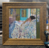 Afternoon Yellow Room – Frederick Carl Frieseke, framed canvas on a worktable