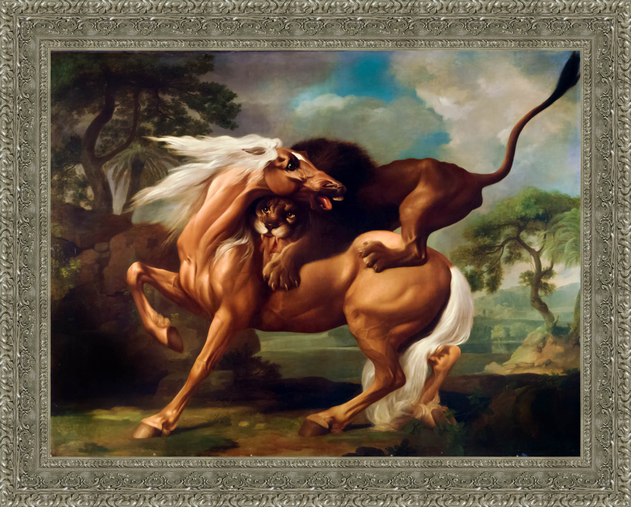 A Lion Attacking A Horse by George Stubbs — Framed Giclee Canvas Print | Canvas Classics