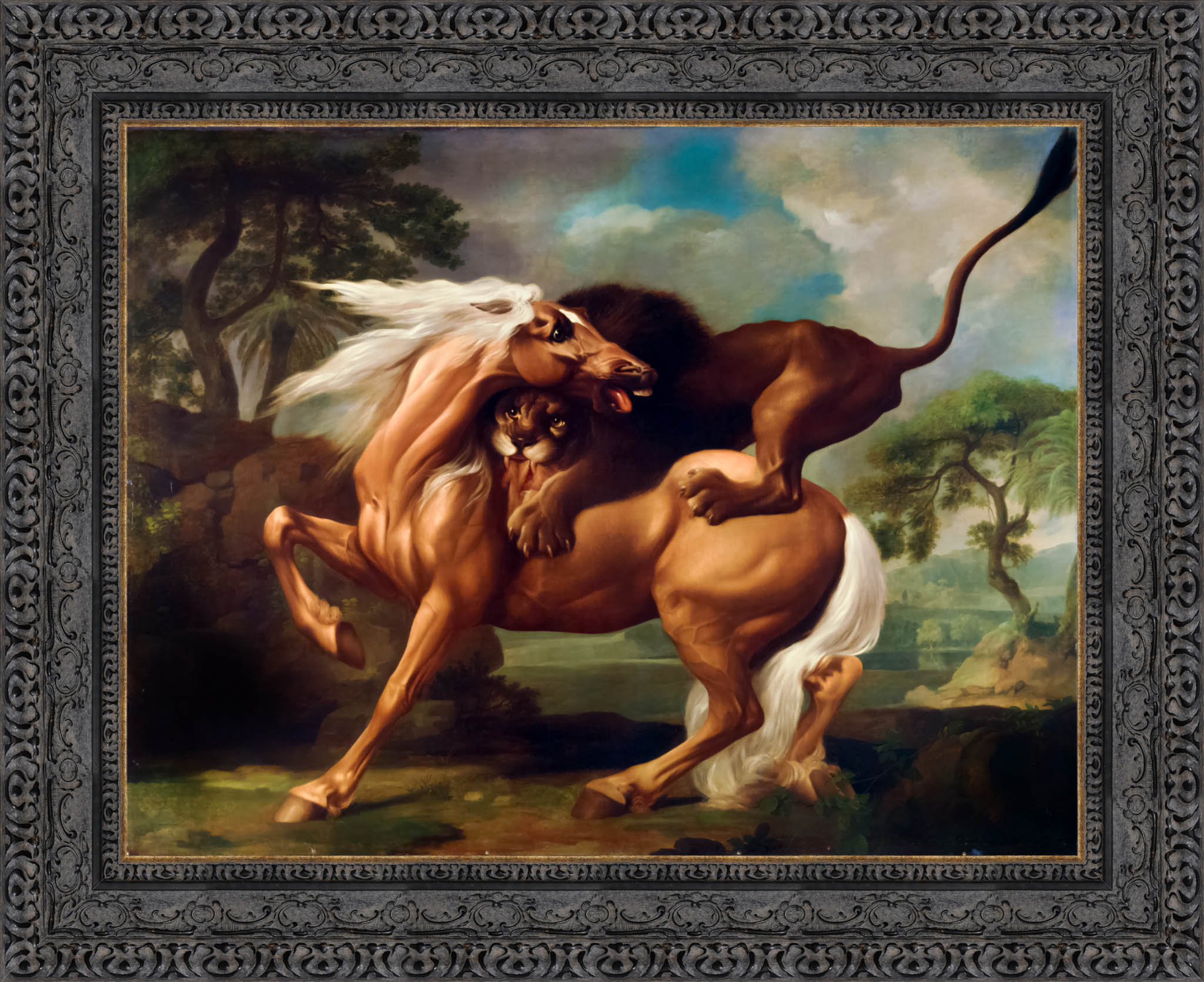 A Lion Attacking A Horse by George Stubbs — Framed Giclee Canvas Print | Canvas Classics