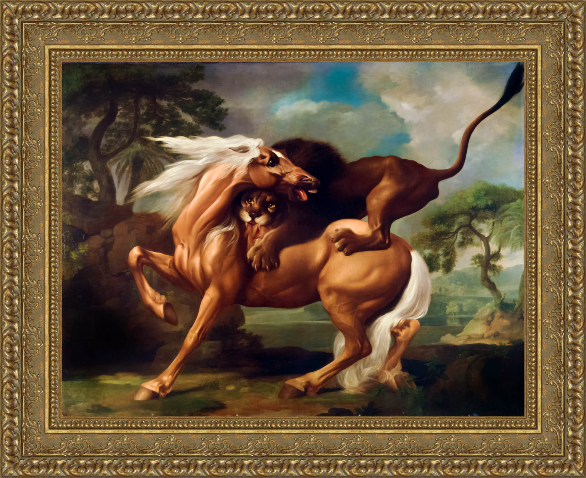 A Lion Attacking A Horse by George Stubbs — Framed Giclee Canvas Print | Canvas Classics