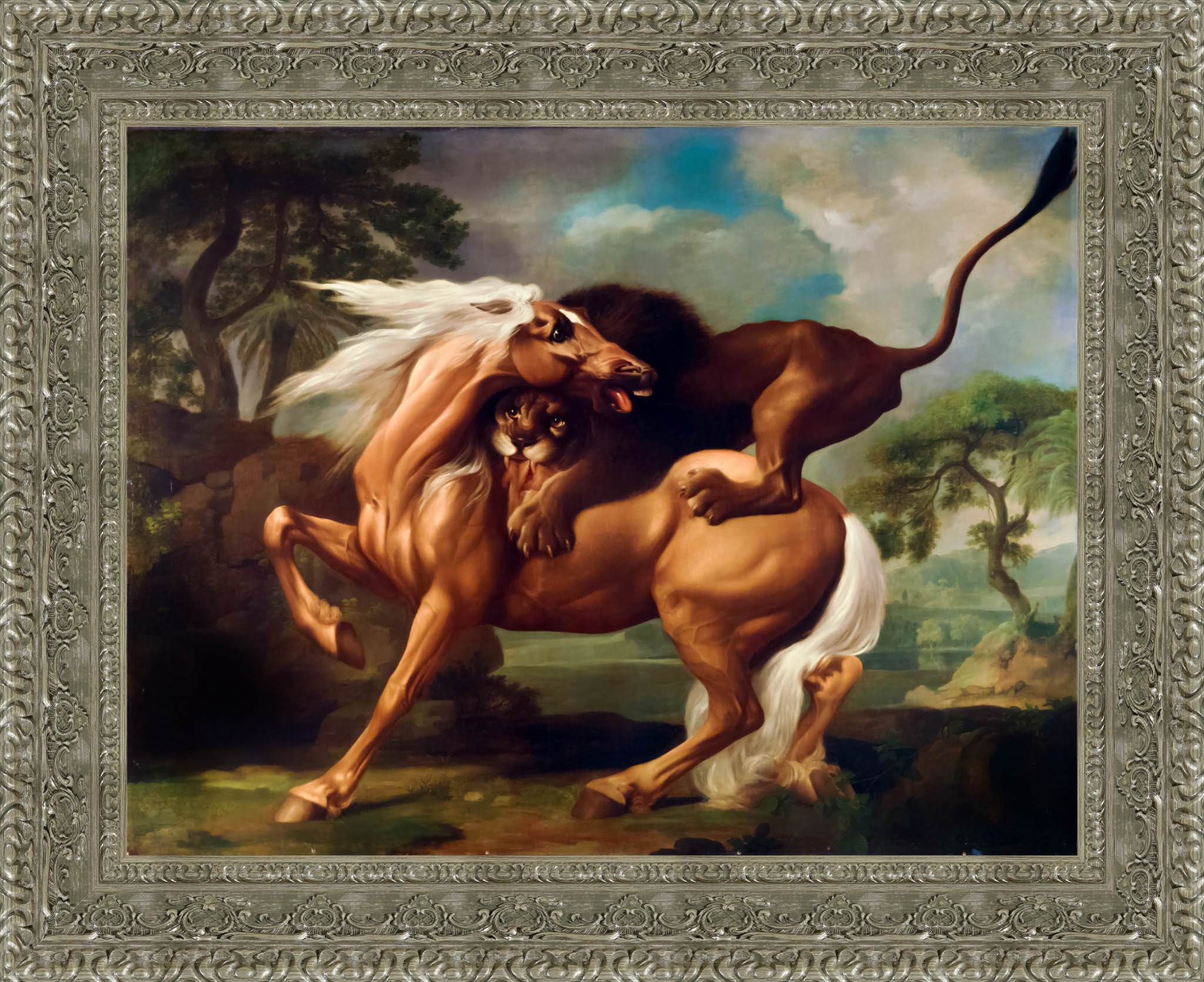 A Lion Attacking A Horse by George Stubbs — Framed Giclee Canvas Print | Canvas Classics