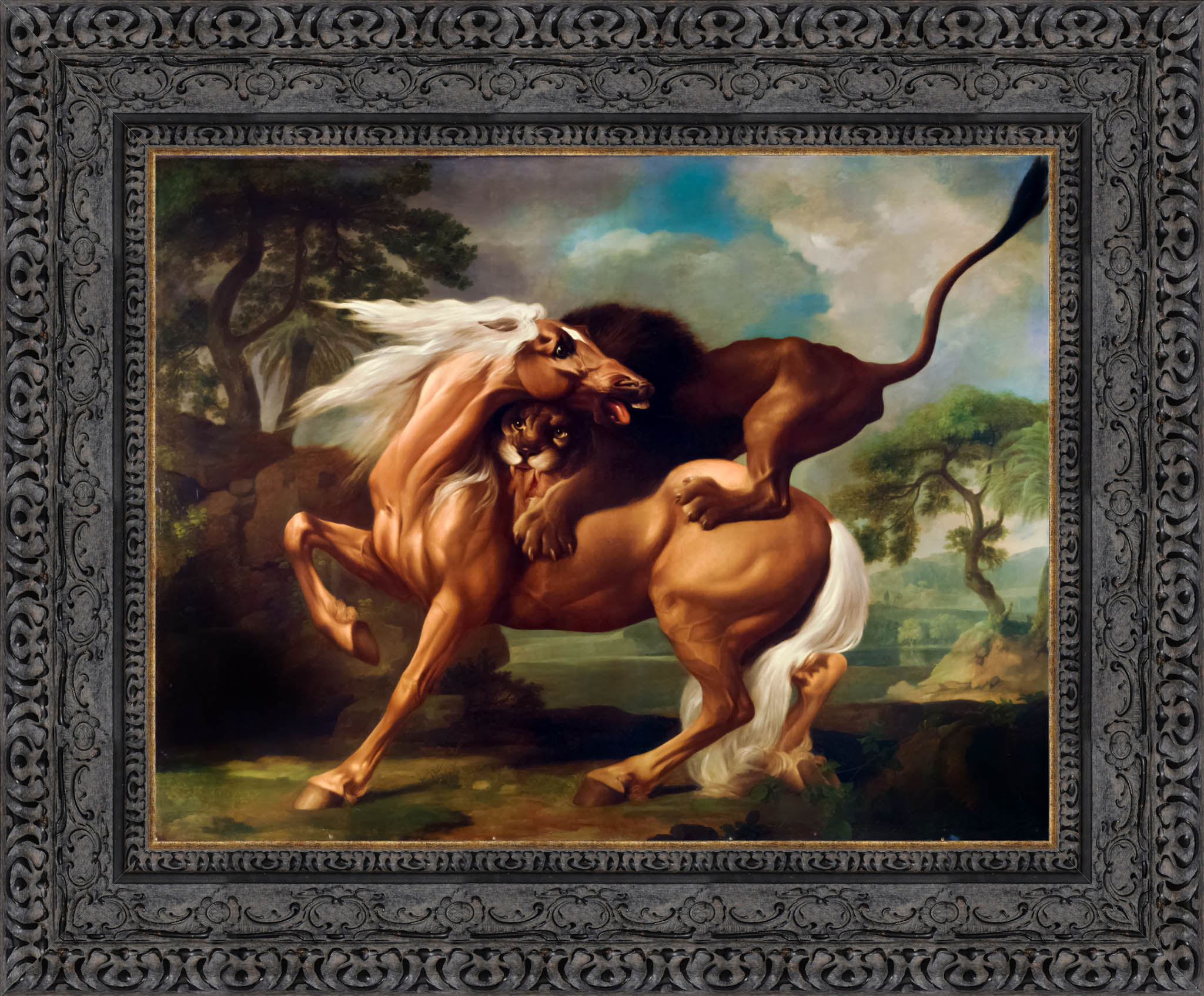 A Lion Attacking A Horse by George Stubbs — Framed Giclee Canvas Print | Canvas Classics