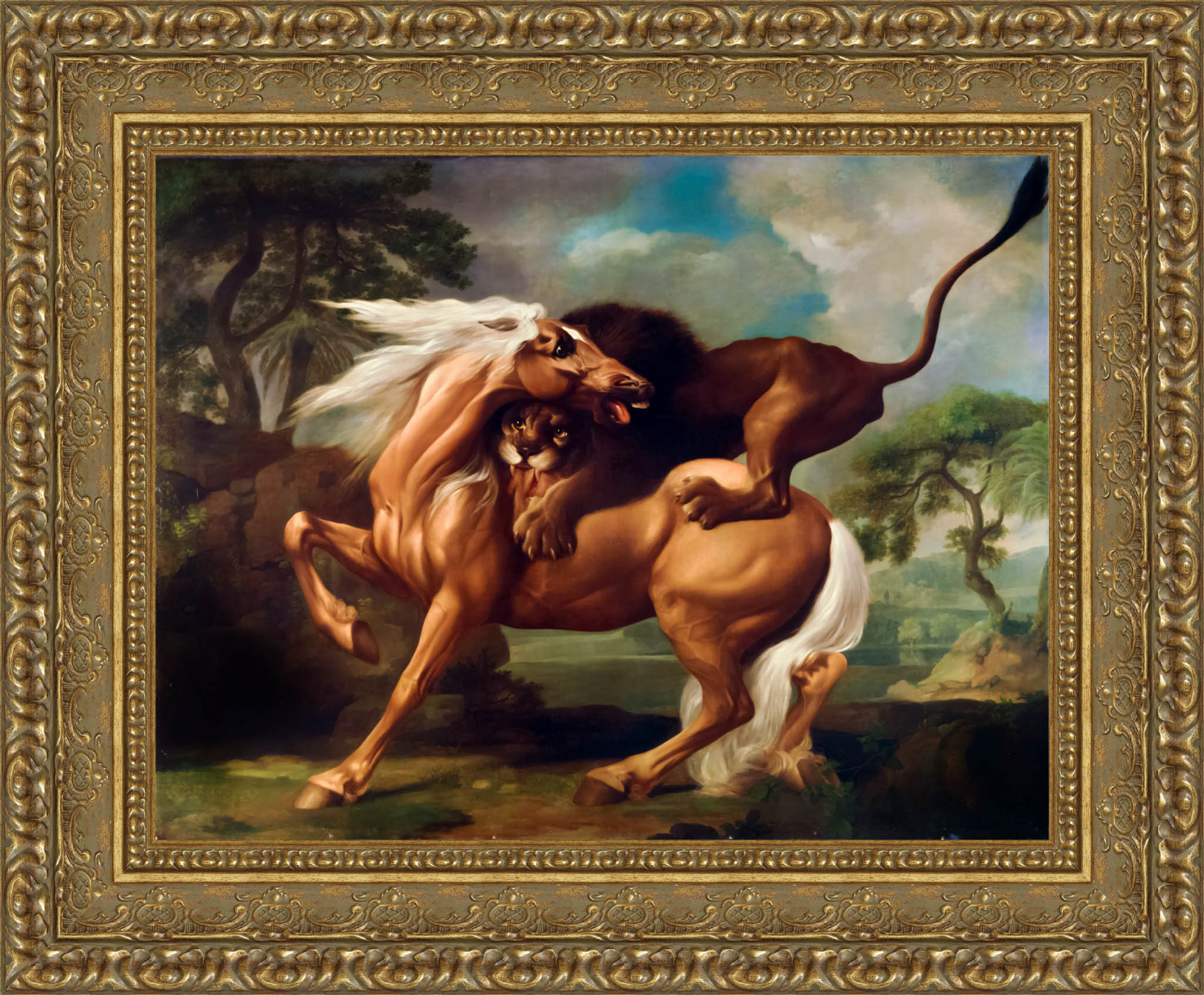 A Lion Attacking A Horse by George Stubbs — Framed Giclee Canvas Print | Canvas Classics