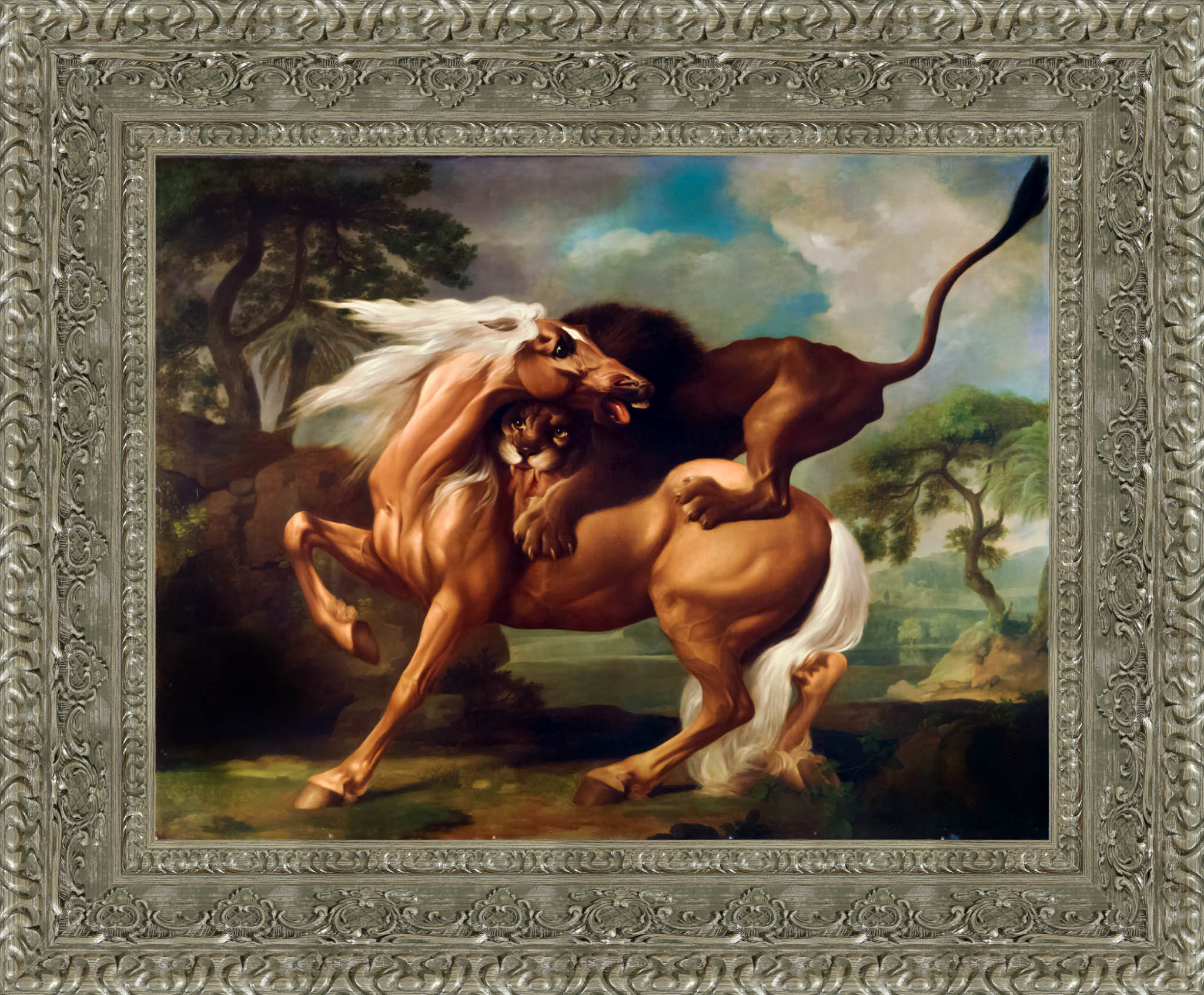 A Lion Attacking A Horse by George Stubbs — Framed Giclee Canvas Print | Canvas Classics