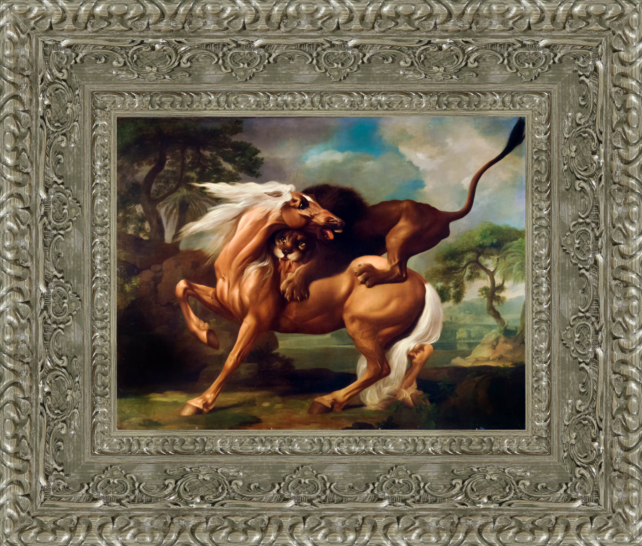 A Lion Attacking A Horse by George Stubbs — Framed Giclee Canvas Print | Canvas Classics