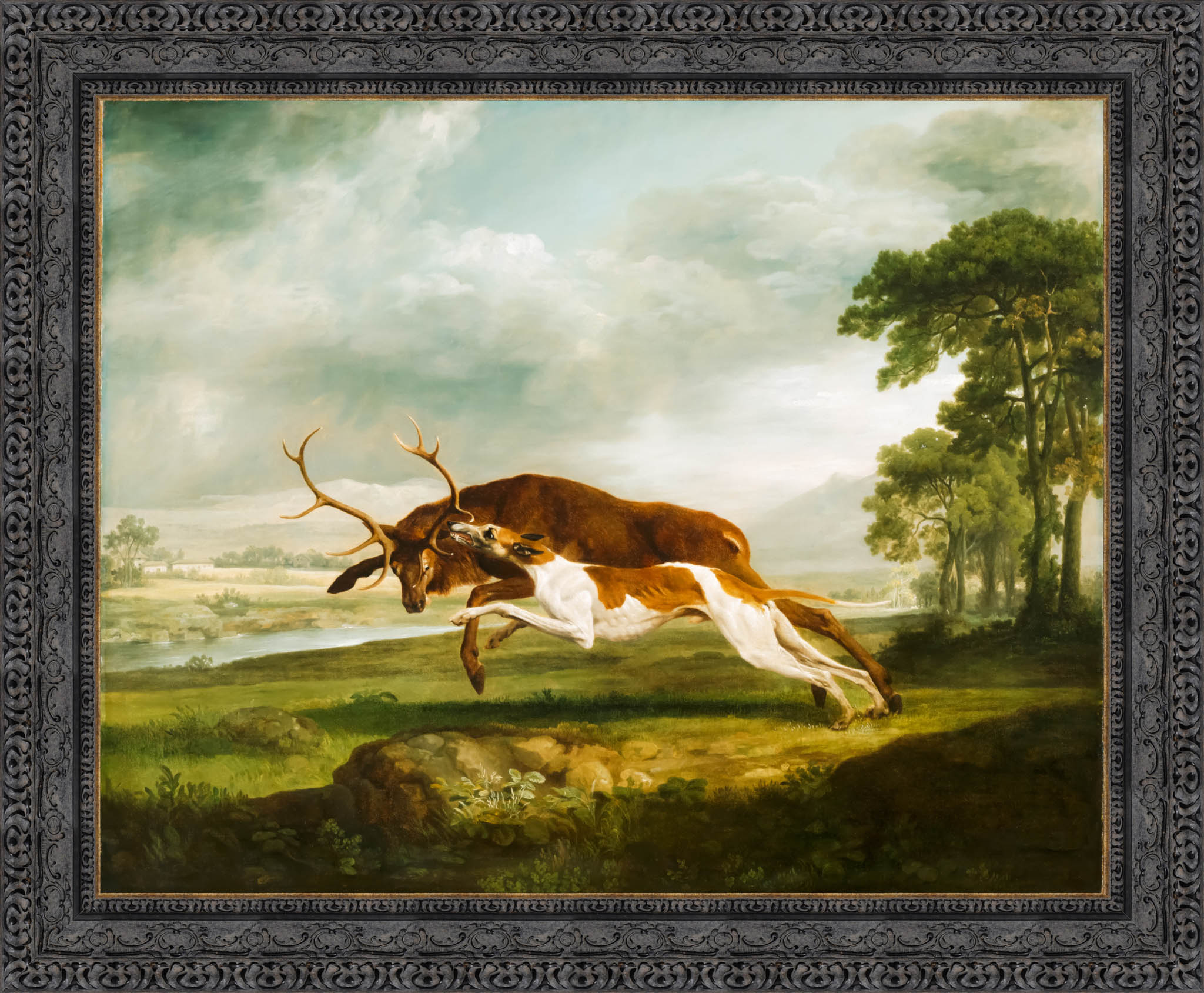 English Hound Coursing A Stag by George Stubbs — Framed Giclee Canvas Print | Canvas Classics