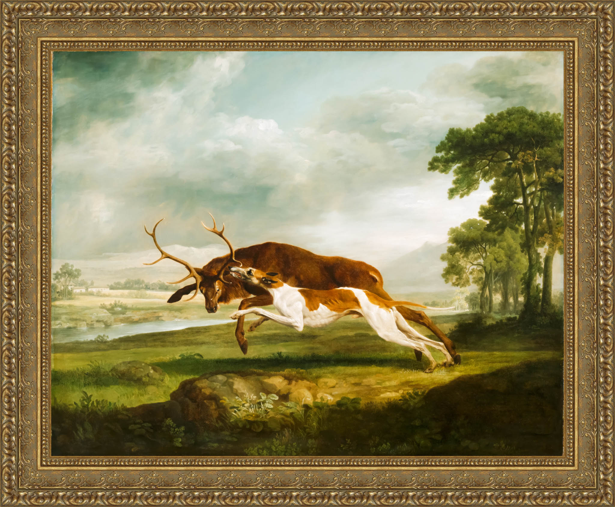 English Hound Coursing A Stag by George Stubbs — Framed Giclee Canvas Print | Canvas Classics