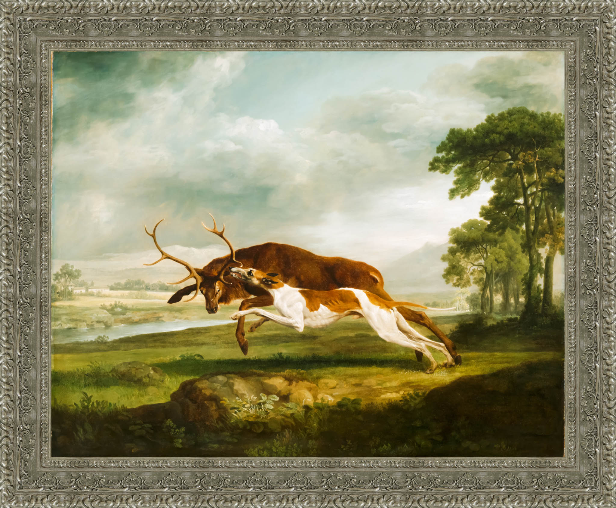 English Hound Coursing A Stag by George Stubbs — Framed Giclee Canvas Print | Canvas Classics
