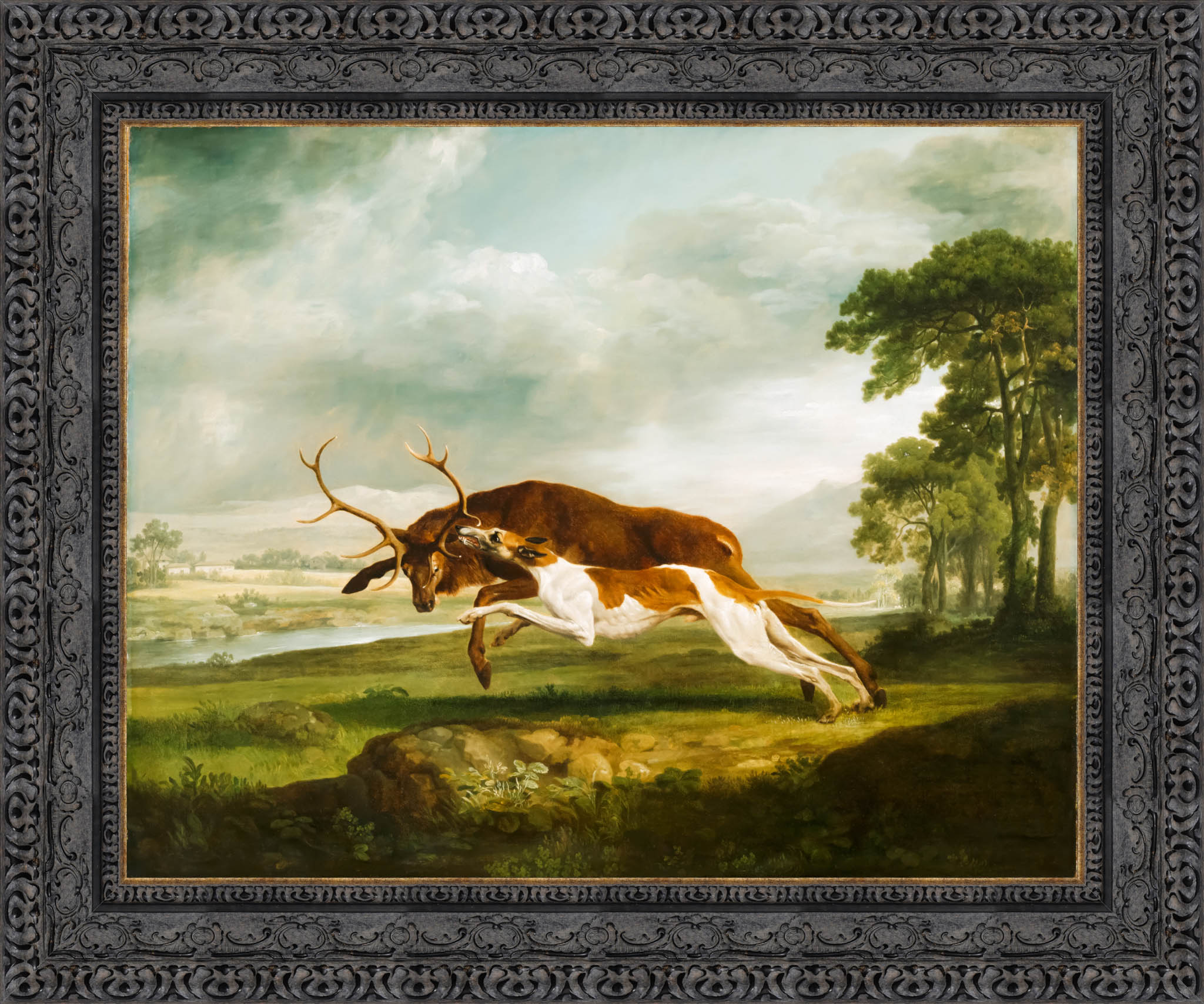 English Hound Coursing A Stag by George Stubbs — Framed Giclee Canvas Print | Canvas Classics