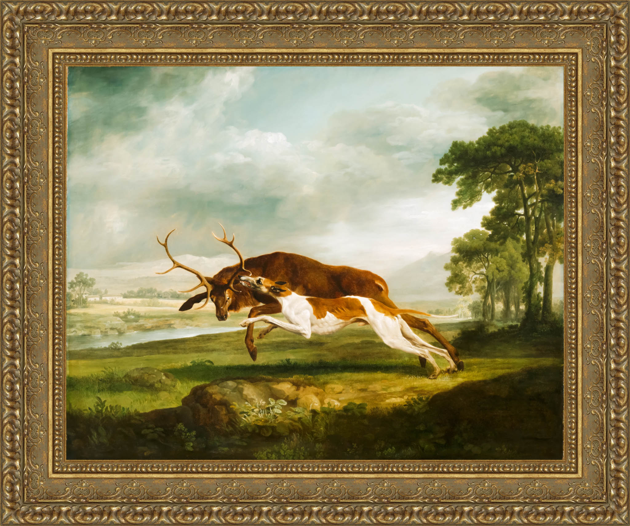 English Hound Coursing A Stag by George Stubbs — Framed Giclee Canvas Print | Canvas Classics