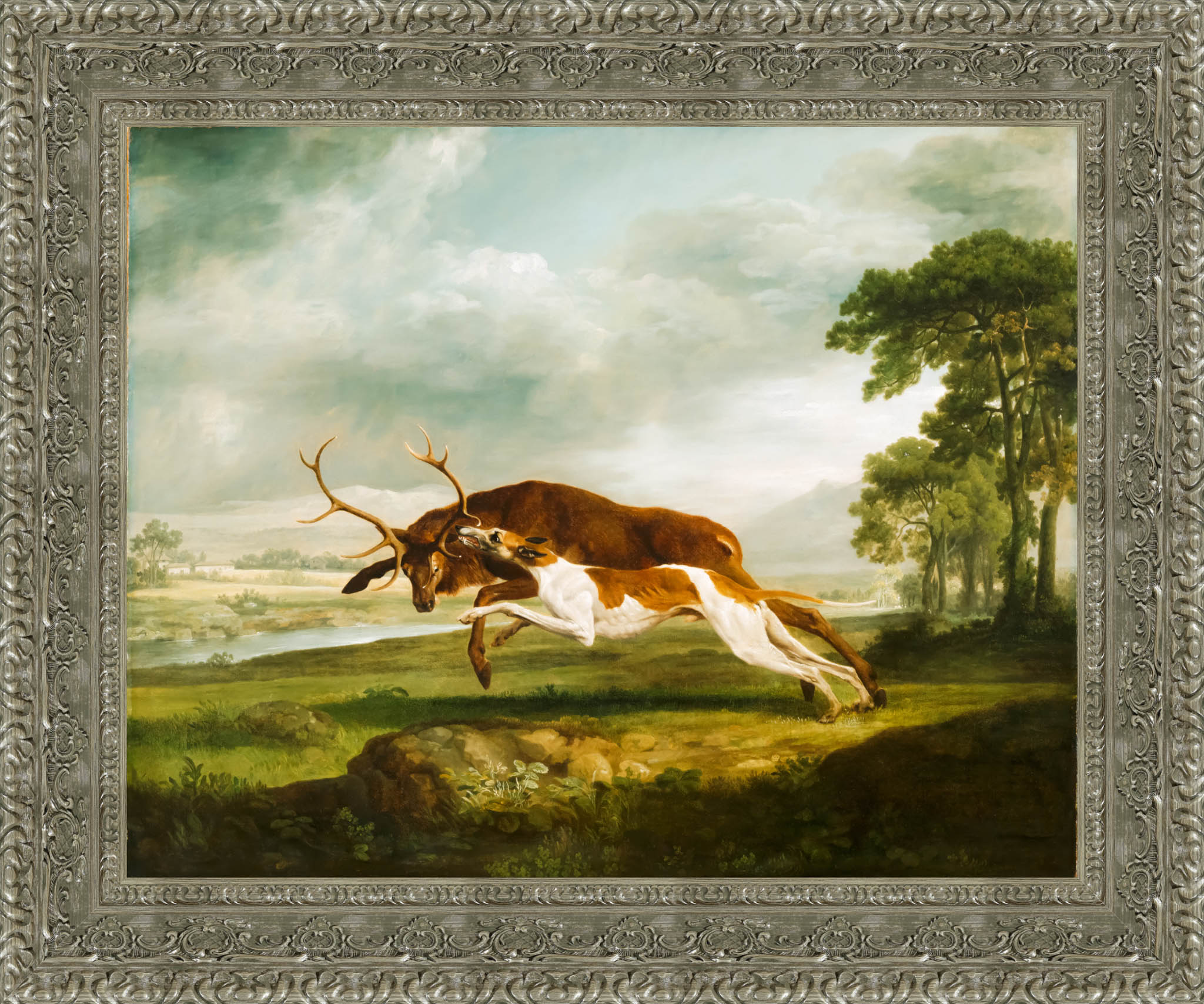English Hound Coursing A Stag by George Stubbs — Framed Giclee Canvas Print | Canvas Classics
