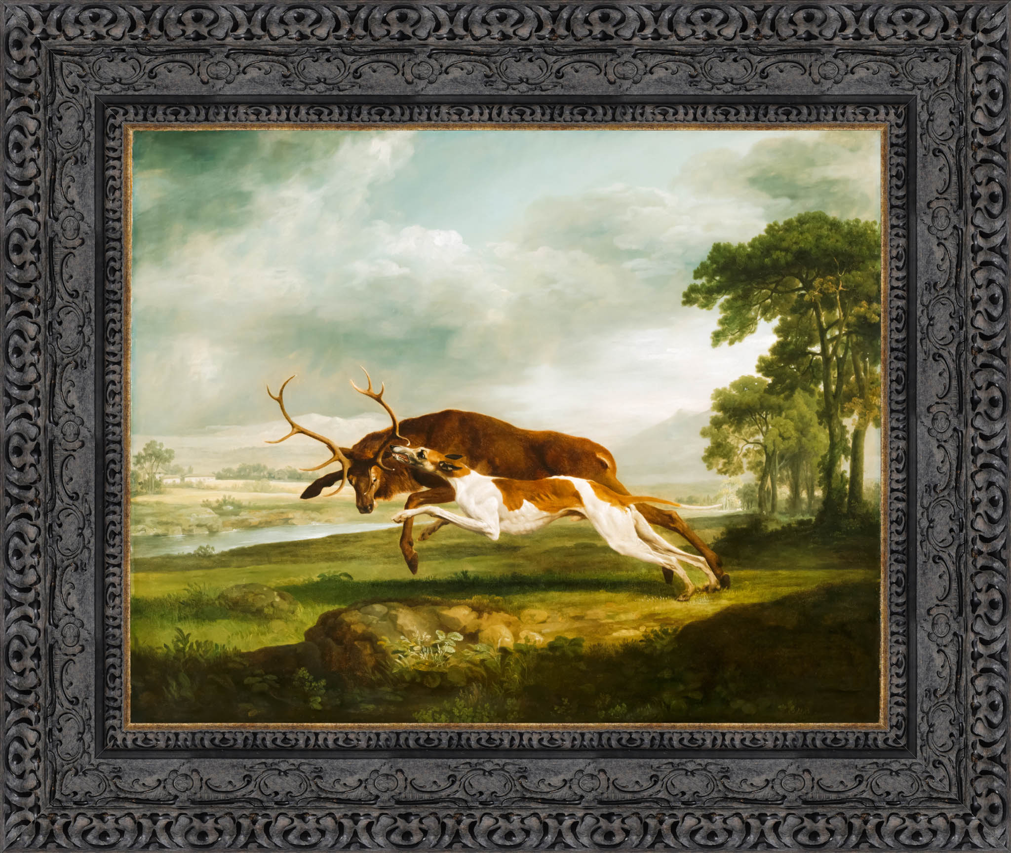 English Hound Coursing A Stag by George Stubbs — Framed Giclee Canvas Print | Canvas Classics
