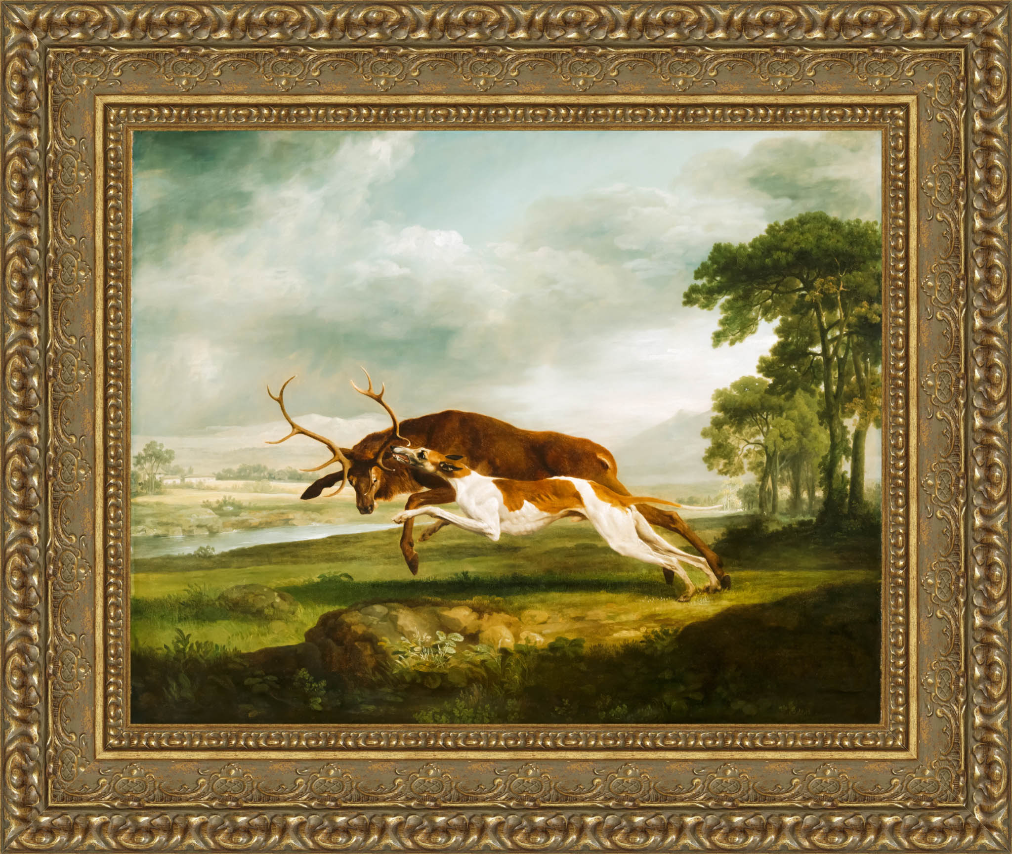English Hound Coursing A Stag by George Stubbs — Framed Giclee Canvas Print | Canvas Classics