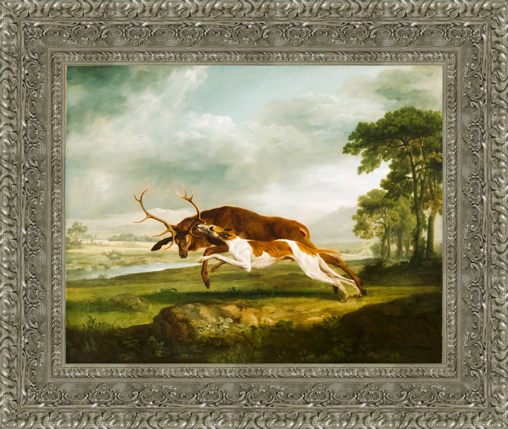 English Hound Coursing A Stag by George Stubbs — Framed Giclee Canvas Print | Canvas Classics