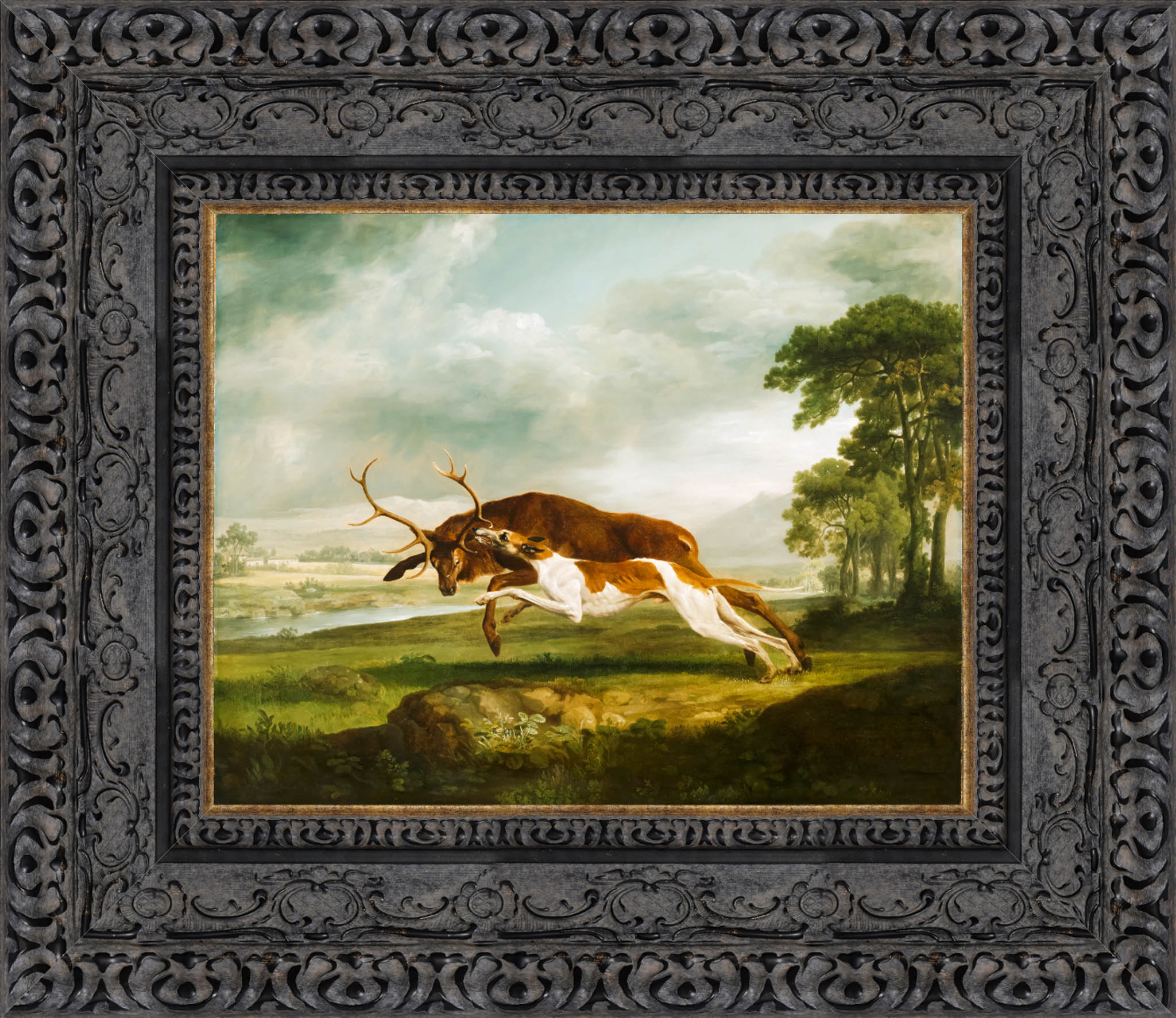 English Hound Coursing A Stag by George Stubbs — Framed Giclee Canvas Print | Canvas Classics