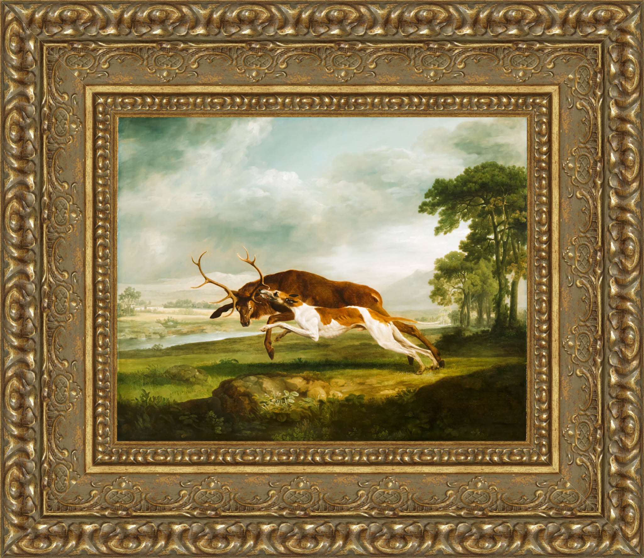 English Hound Coursing A Stag by George Stubbs — Framed Giclee Canvas Print | Canvas Classics