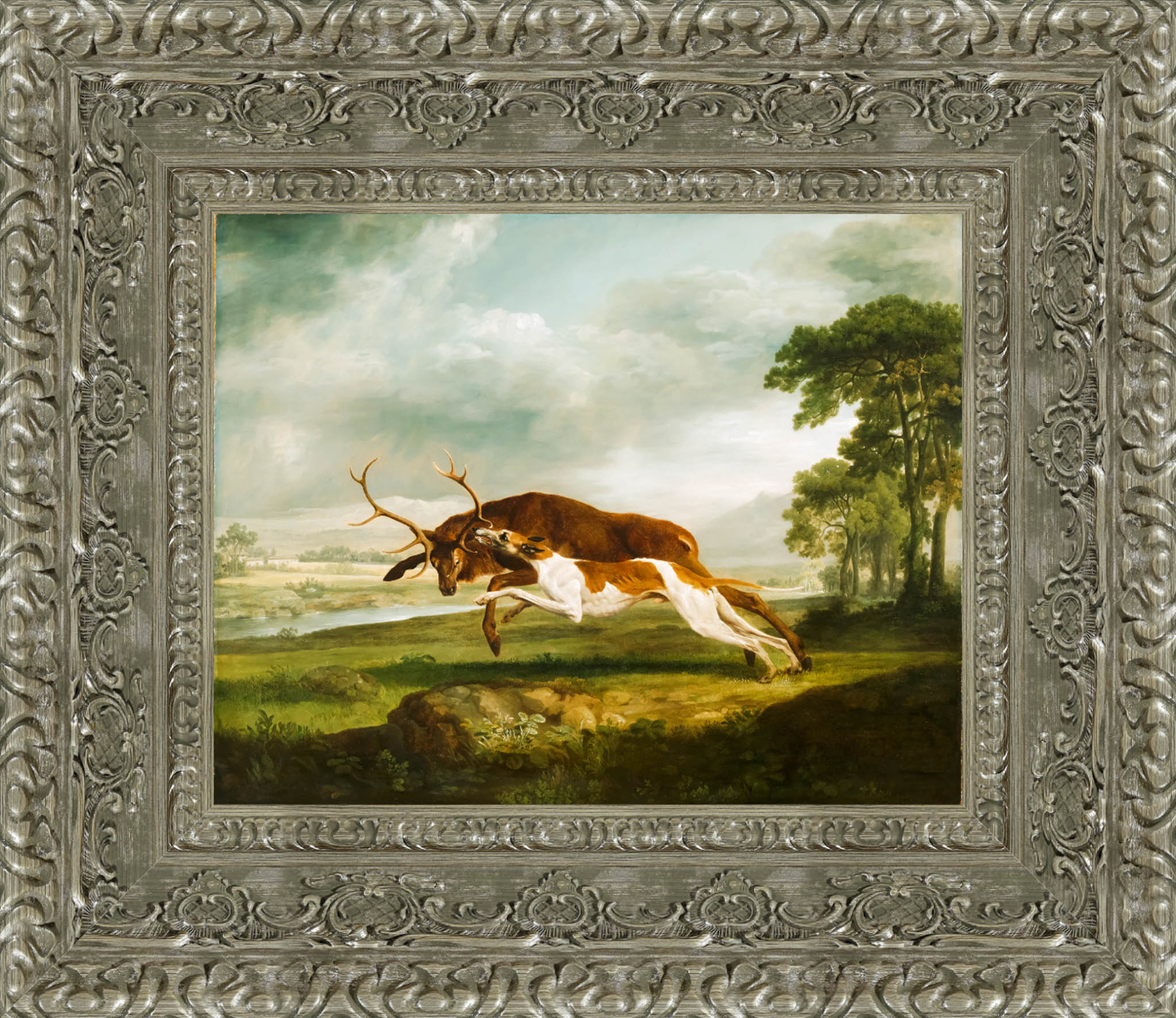 English Hound Coursing A Stag by George Stubbs — Framed Giclee Canvas Print | Canvas Classics