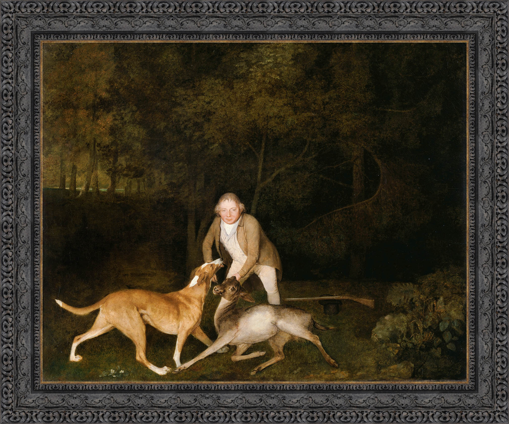 Freeman The Earl Of Clarendons Gamekeeper With A Dying Doe And Hound by George Stubbs — Framed Giclee Canvas Print | Canvas Classics