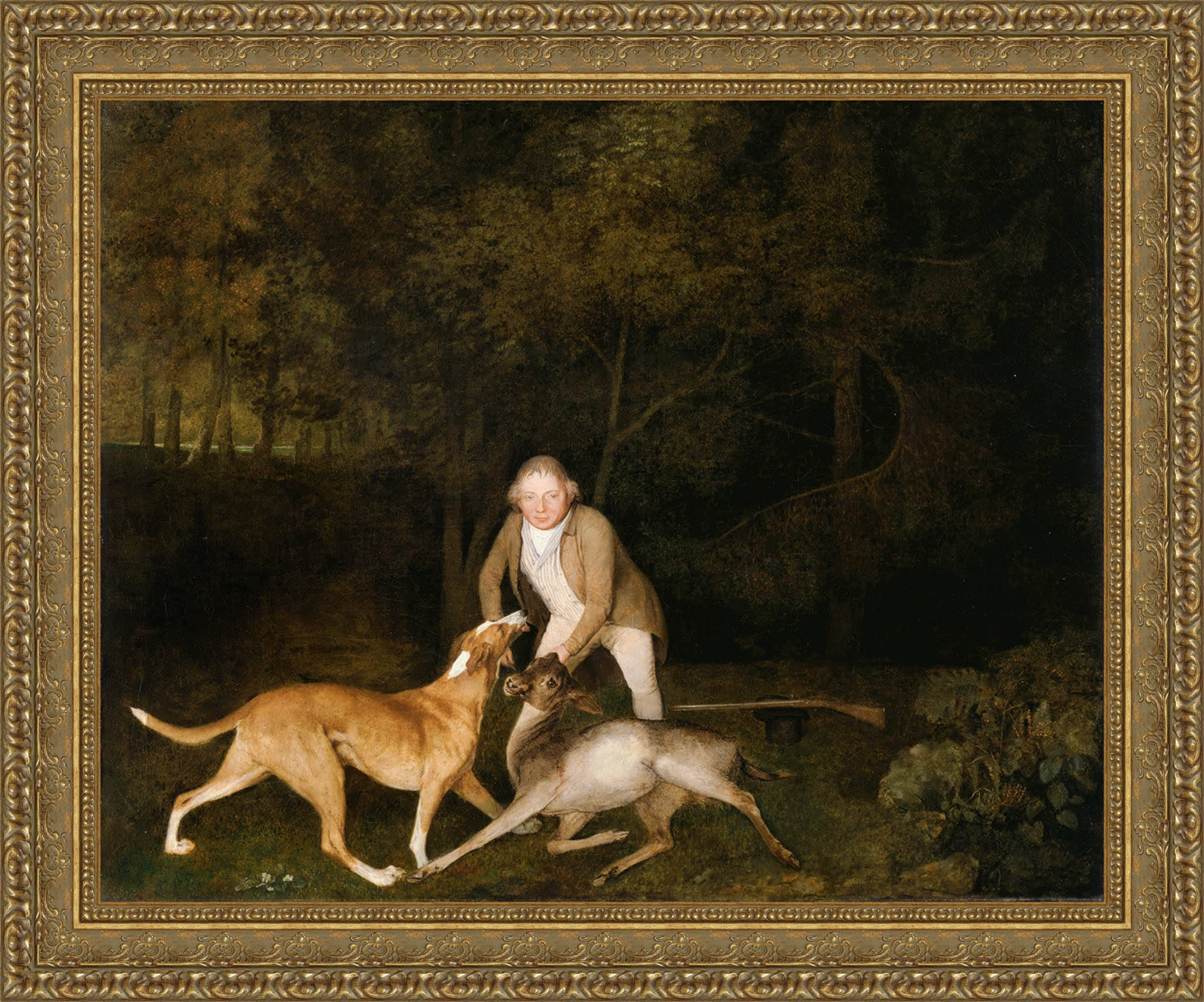 Freeman The Earl Of Clarendons Gamekeeper With A Dying Doe And Hound by George Stubbs — Framed Giclee Canvas Print | Canvas Classics