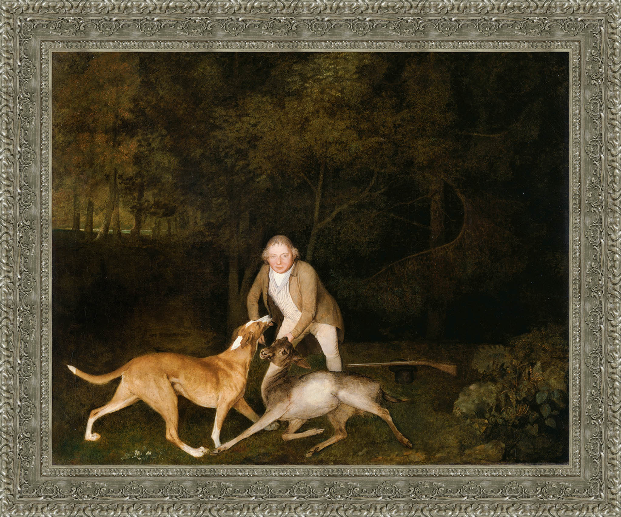 Freeman The Earl Of Clarendons Gamekeeper With A Dying Doe And Hound by George Stubbs — Framed Giclee Canvas Print | Canvas Classics