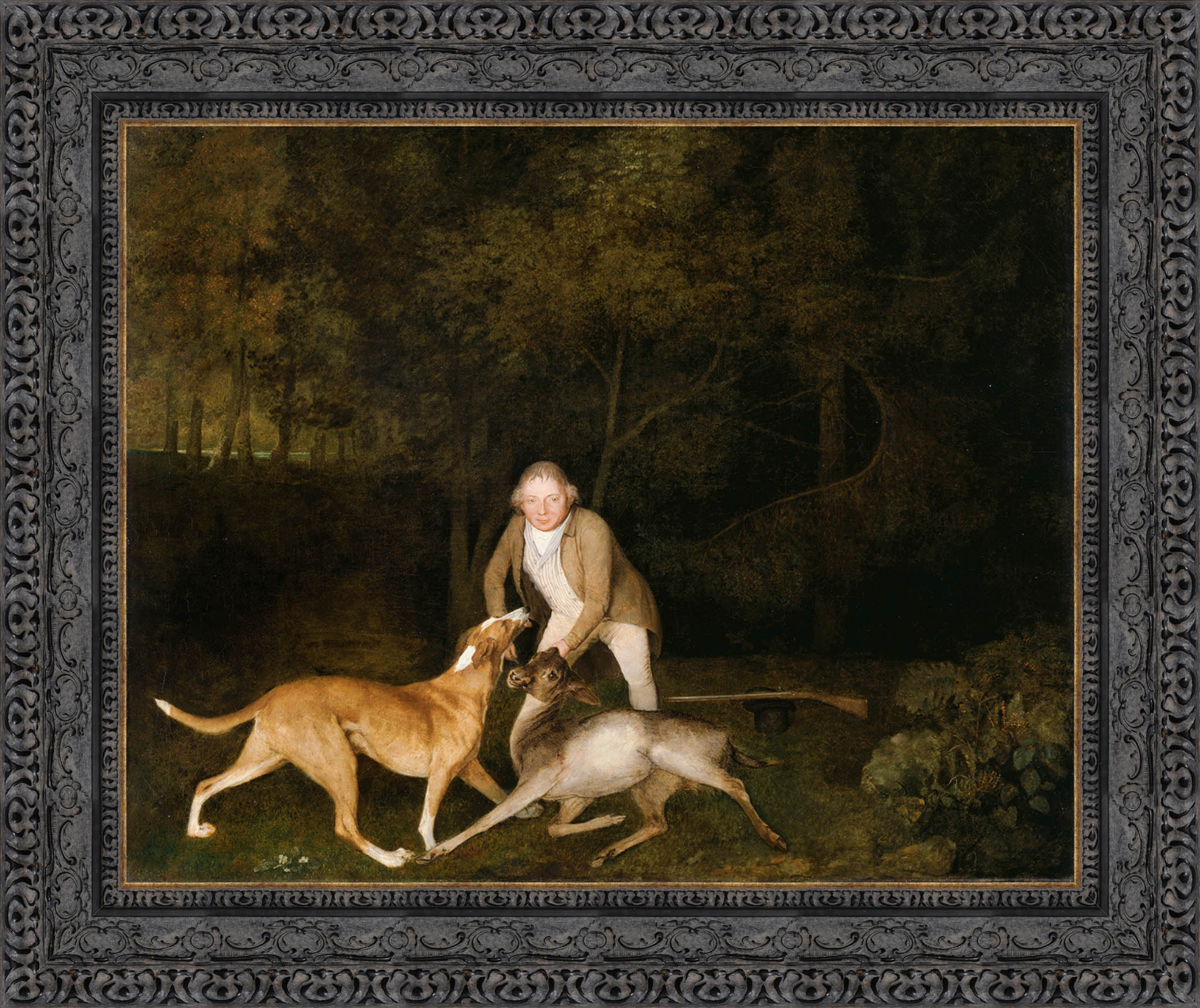 Freeman The Earl Of Clarendons Gamekeeper With A Dying Doe And Hound by George Stubbs — Framed Giclee Canvas Print | Canvas Classics