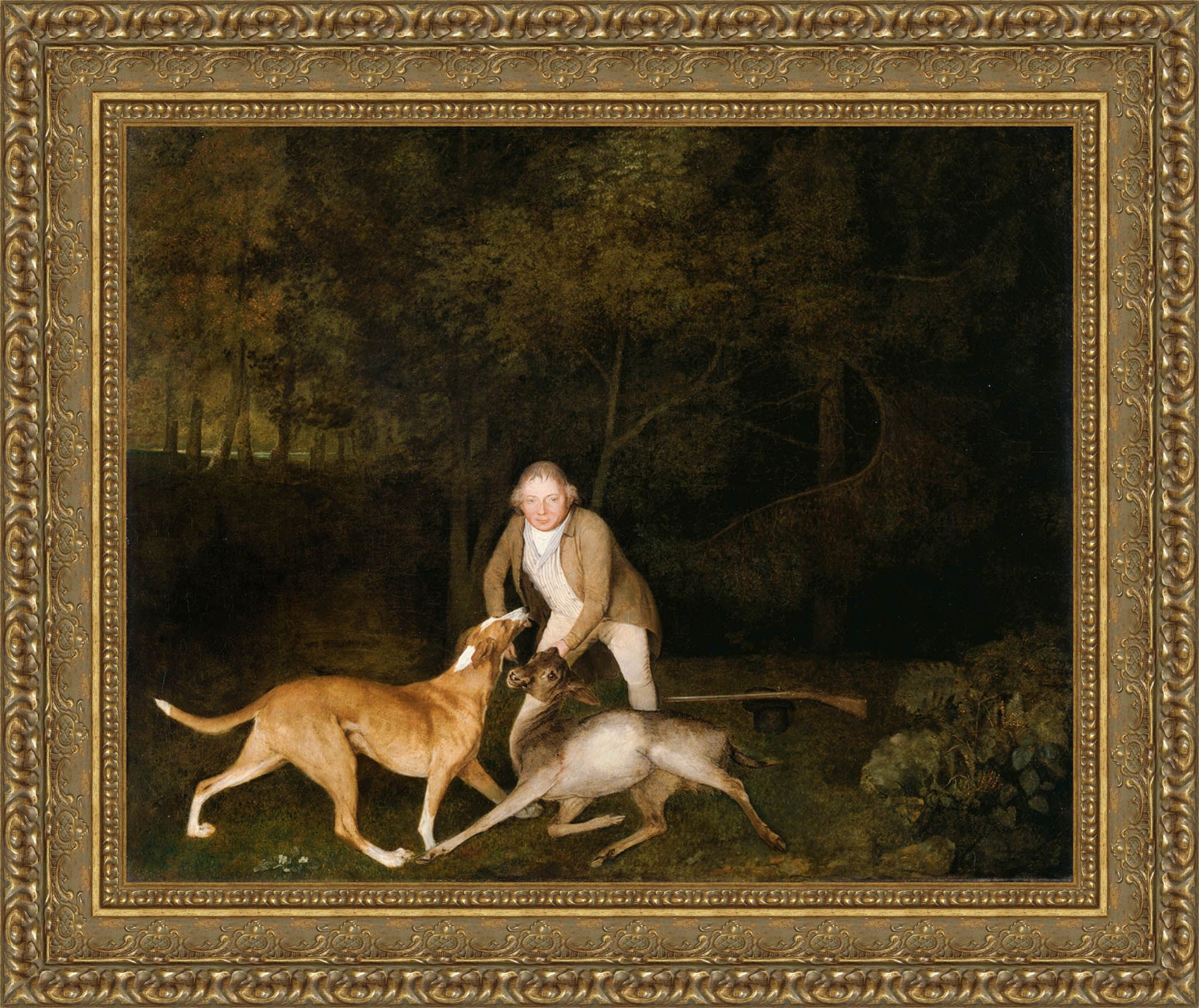 Freeman The Earl Of Clarendons Gamekeeper With A Dying Doe And Hound by George Stubbs — Framed Giclee Canvas Print | Canvas Classics