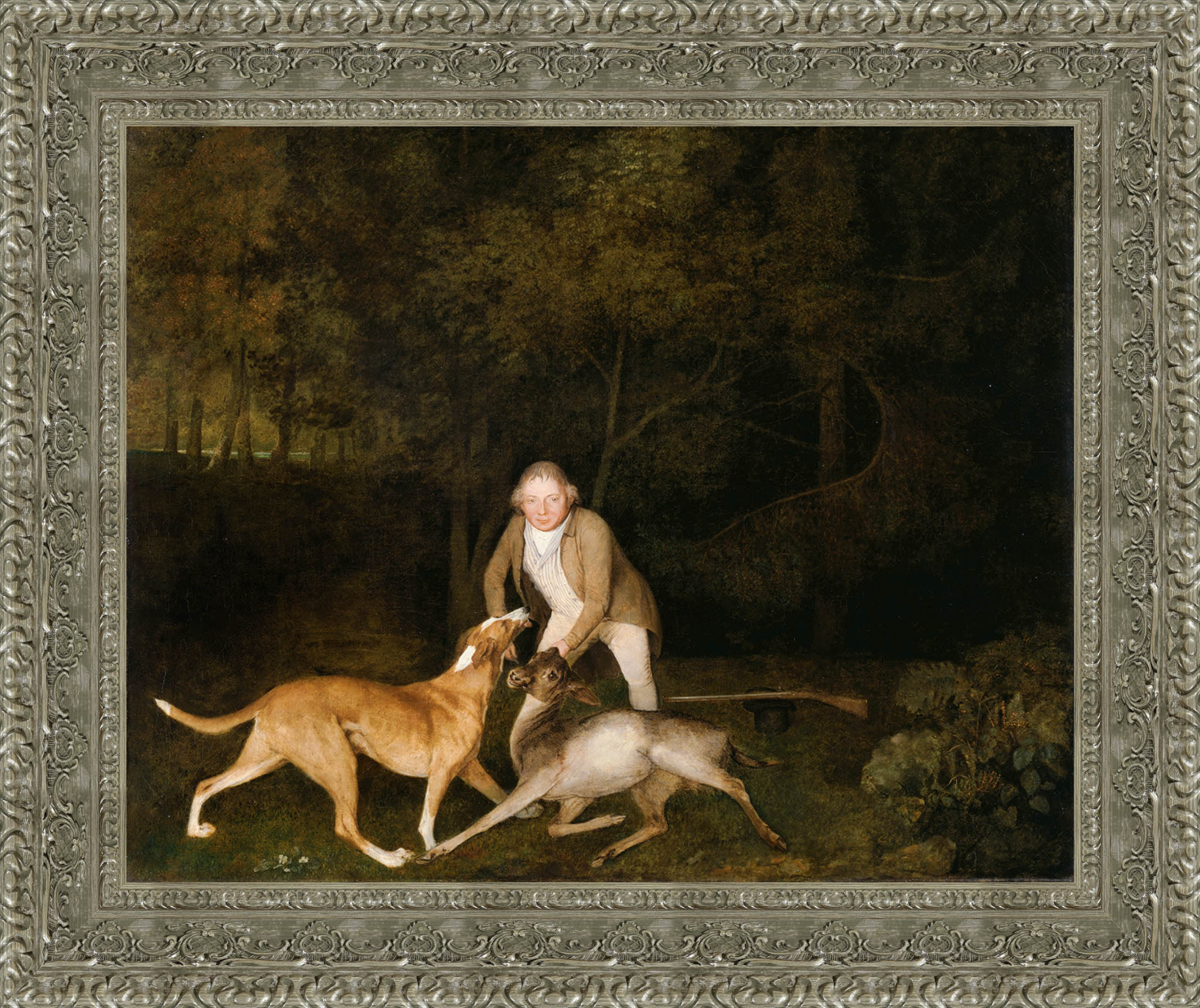 Freeman The Earl Of Clarendons Gamekeeper With A Dying Doe And Hound by George Stubbs — Framed Giclee Canvas Print | Canvas Classics