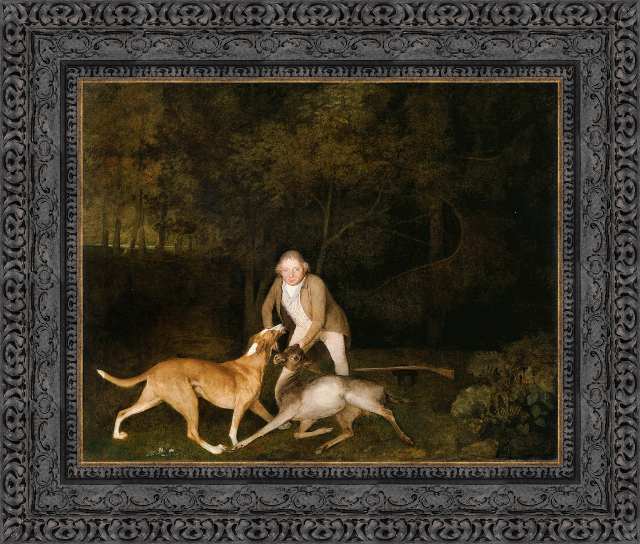 Freeman The Earl Of Clarendons Gamekeeper With A Dying Doe And Hound by George Stubbs — Framed Giclee Canvas Print | Canvas Classics
