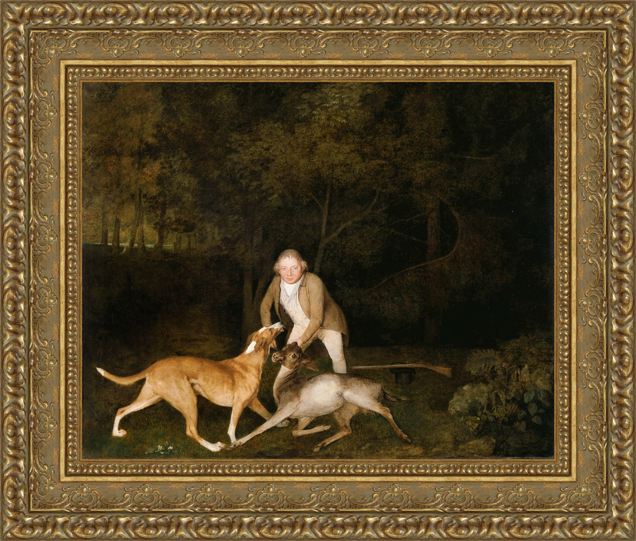 Freeman The Earl Of Clarendons Gamekeeper With A Dying Doe And Hound by George Stubbs — Framed Giclee Canvas Print | Canvas Classics